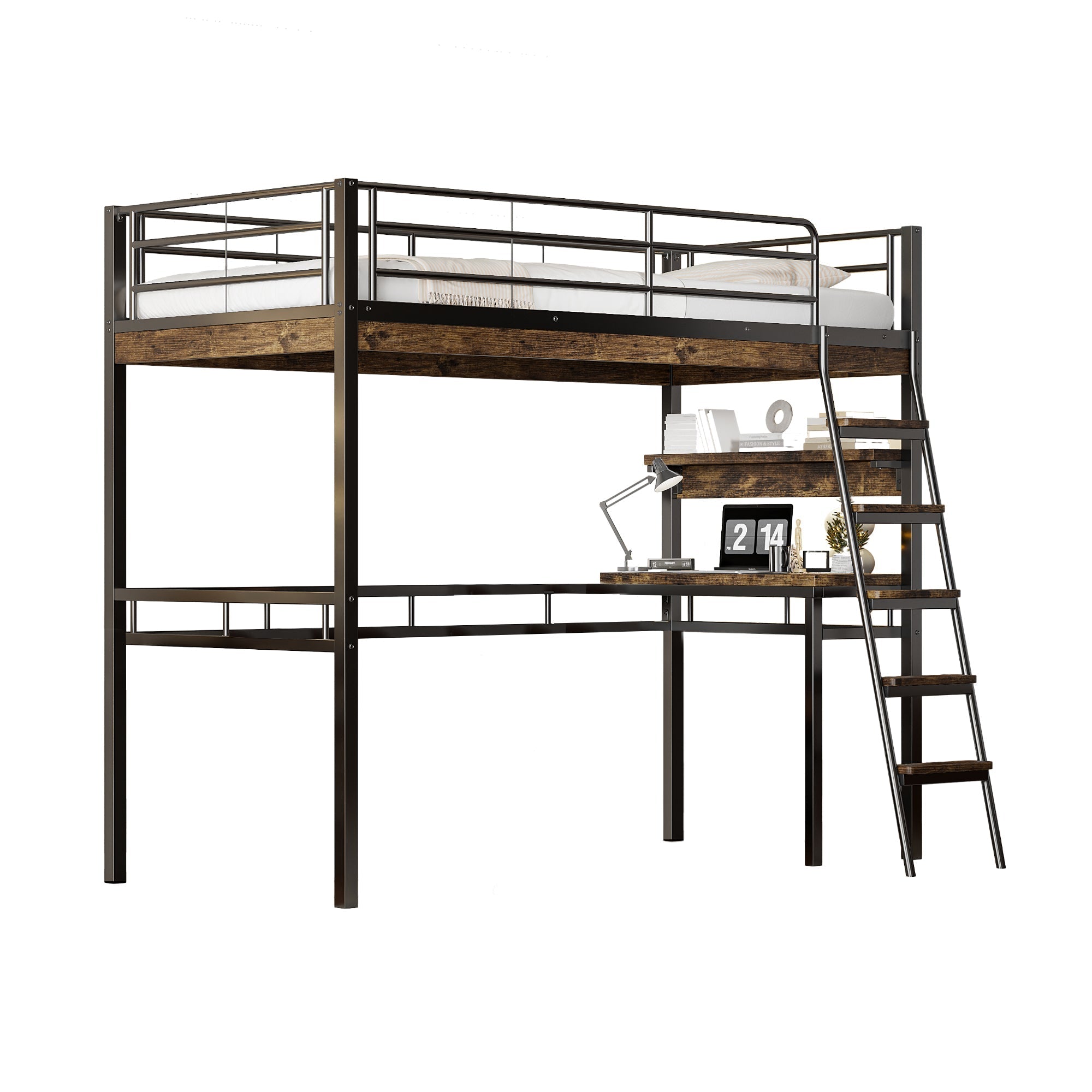 Loft Bed 90x200cm with Desk Shelves Ladder - Black Iron