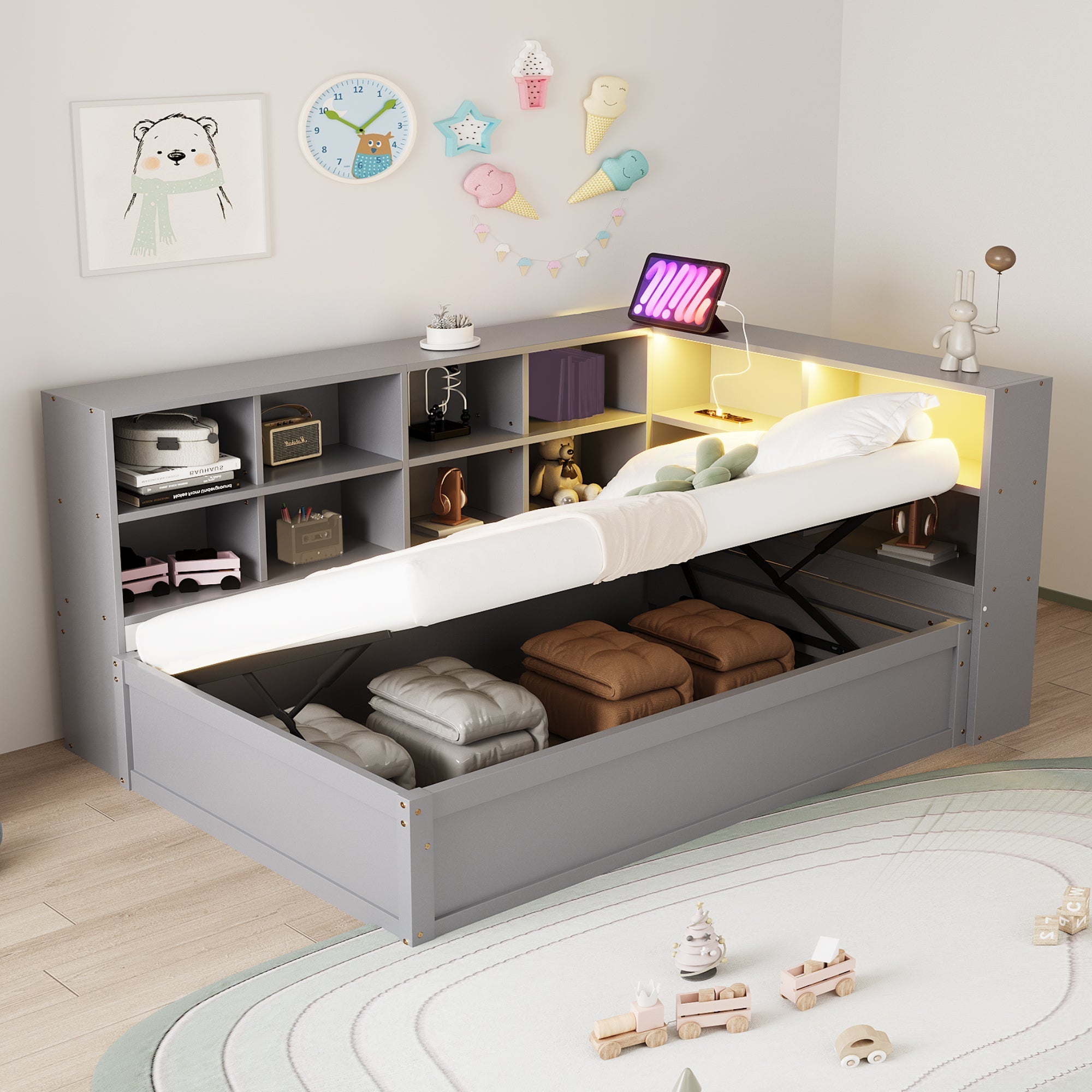Sofa bed 90*200, multiple sockets, storage, light bar, hydraulic, solid wood, single, multifunctional wooden, gray
