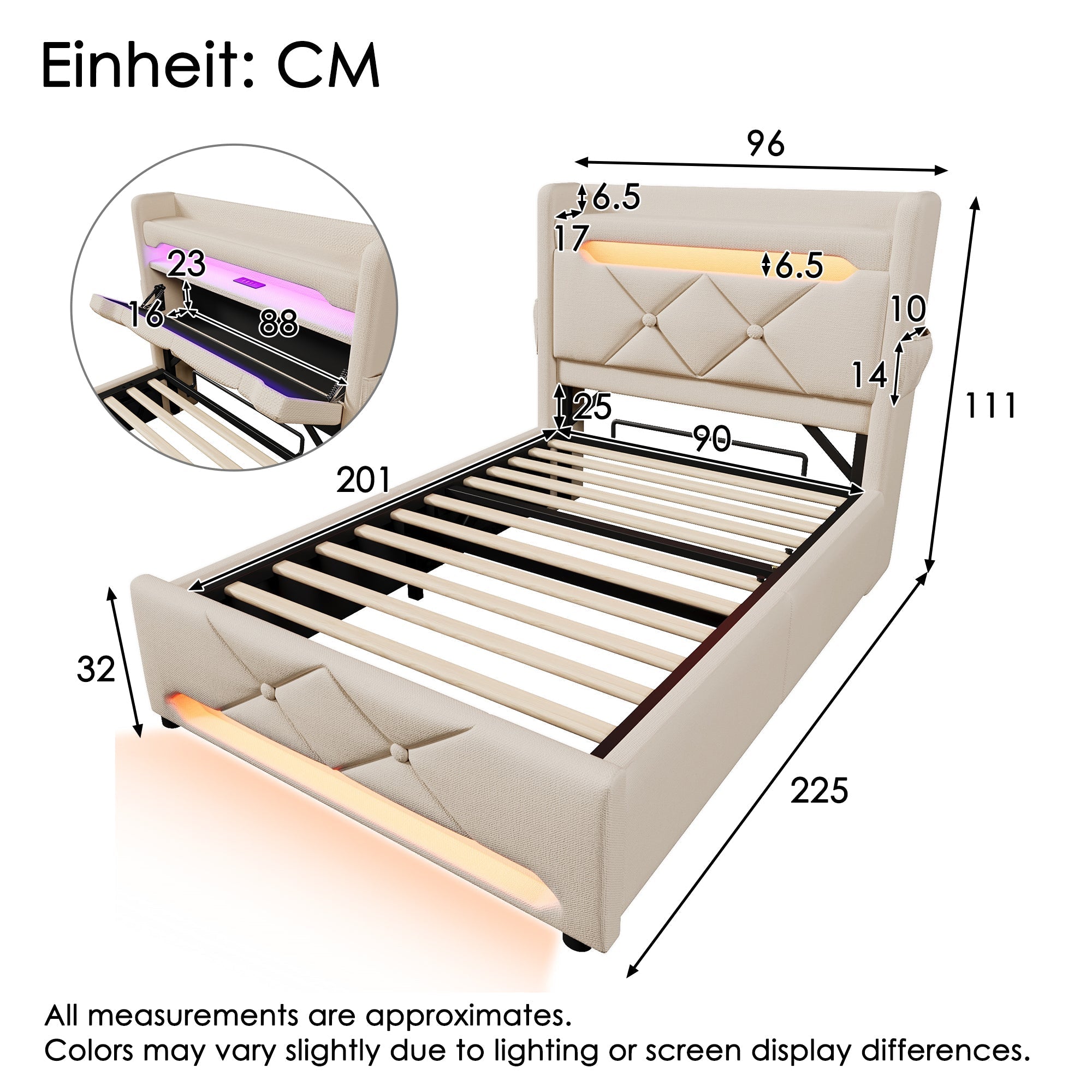 Upholstered Single Bed 90x200 Hydraulic Storage LED/USB Headboard, Beige Linen