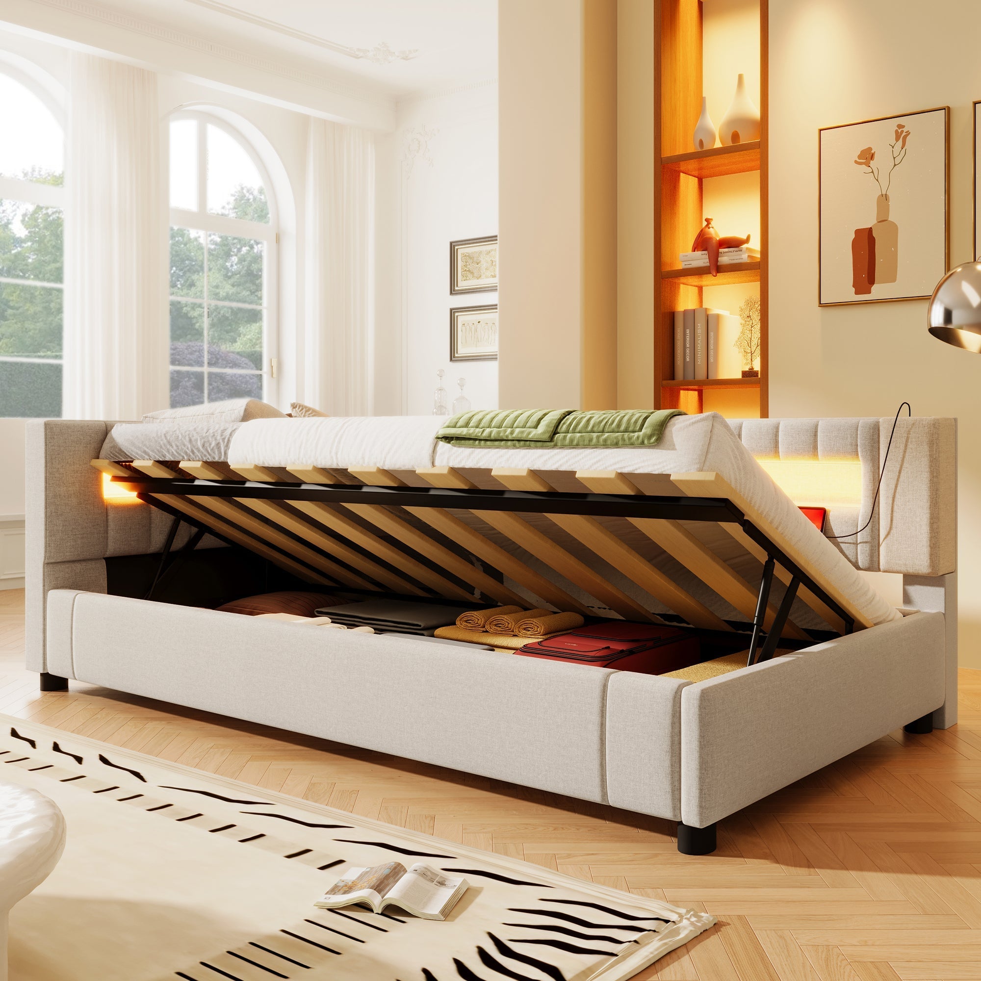 Daybed Sofa Bed 90x200cm Hydraulic Storage LED USB/Type-C - Linen Beige
