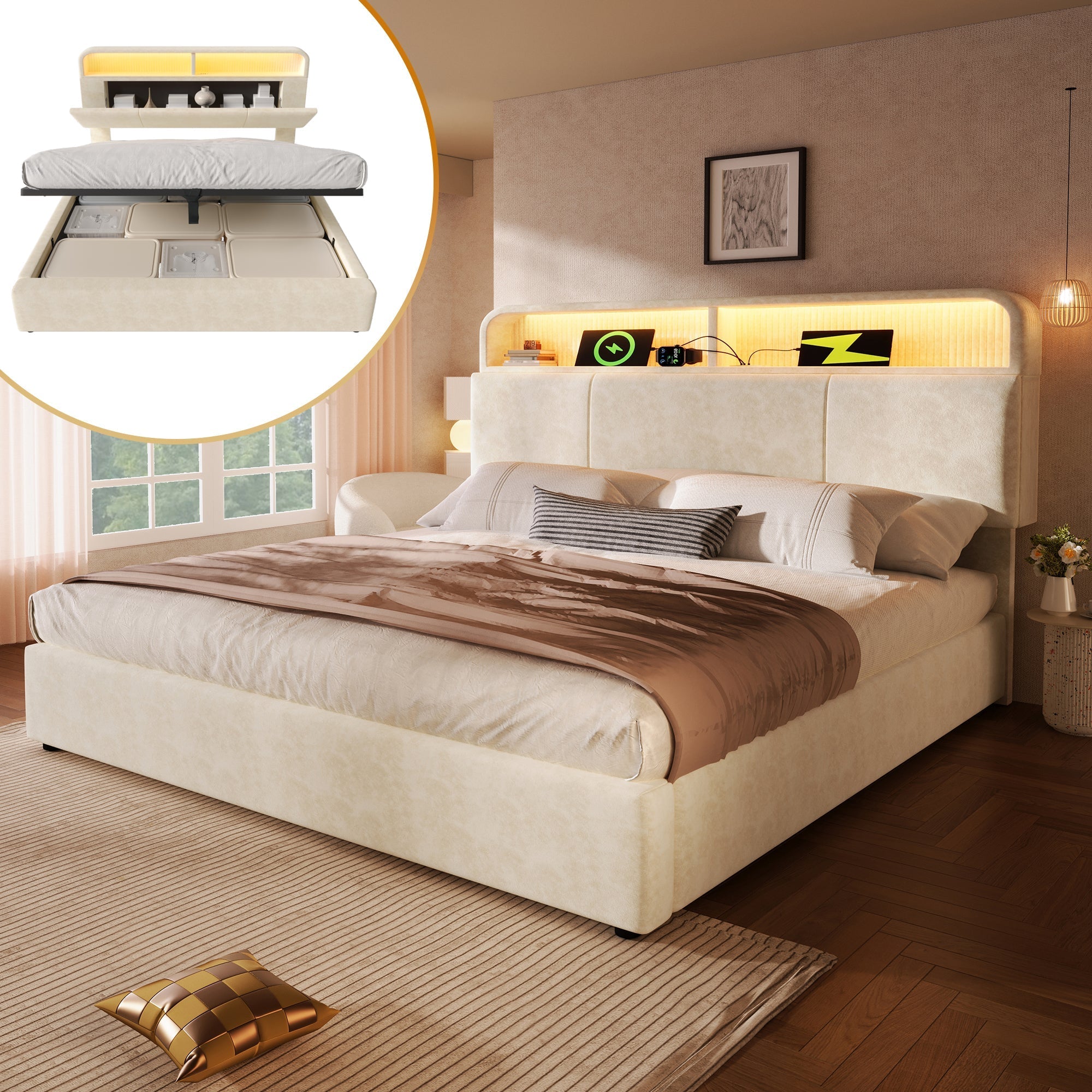 Upholstered Double Bed 140x200cm Hydraulic Storage Headboard LED USB/Type-C Velvet Beige