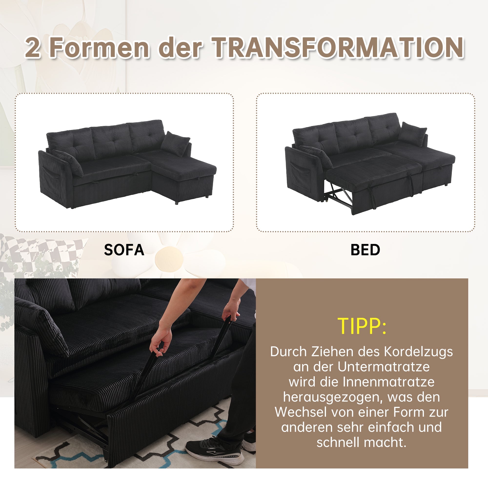 Sofa Bed, Multi-functional with Storage & Pull-Out Bed, L-Shaped Sectional