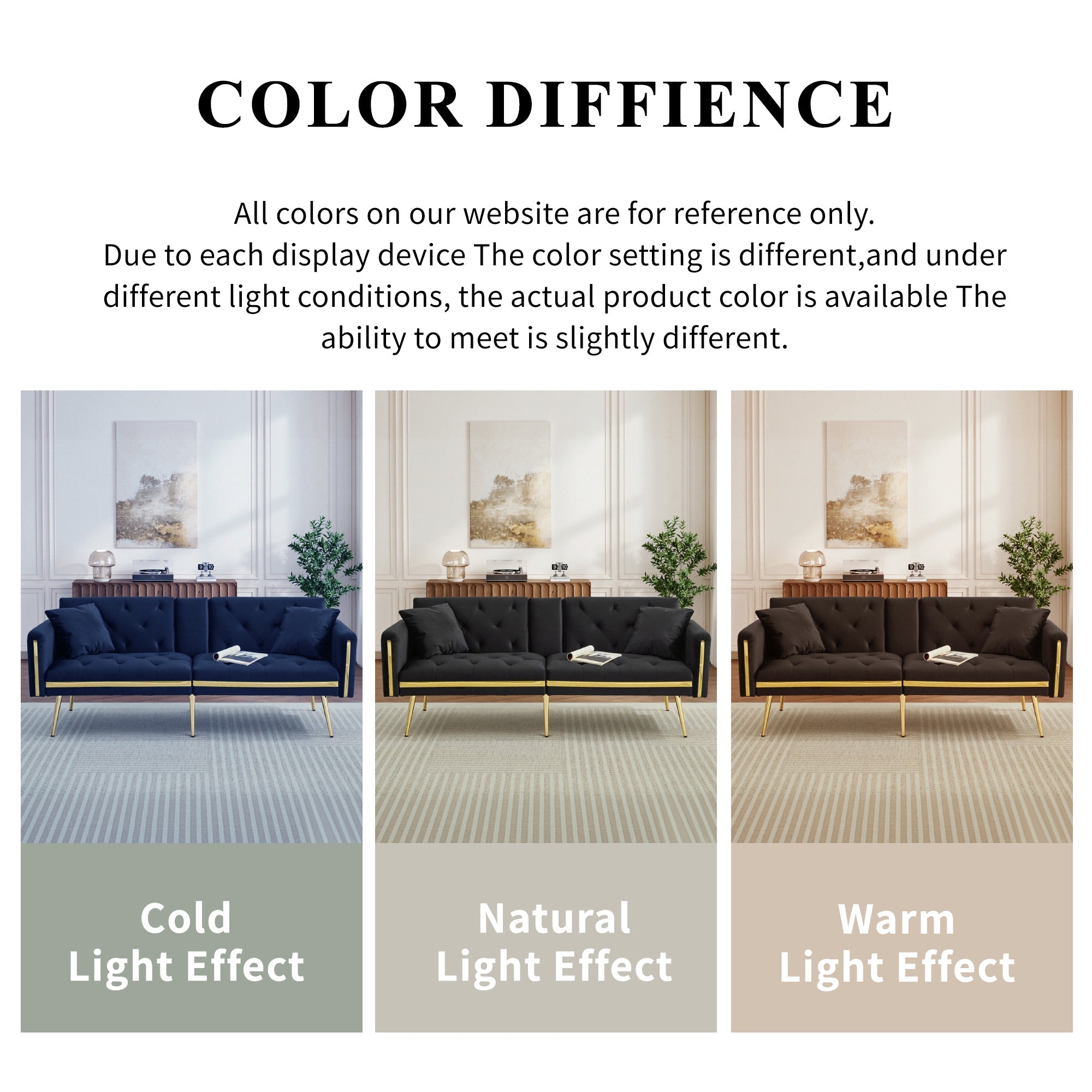 Two-seater Sofa Bed with Adjustable Backrest, Gold Accents, and Cup Holders - Velvet