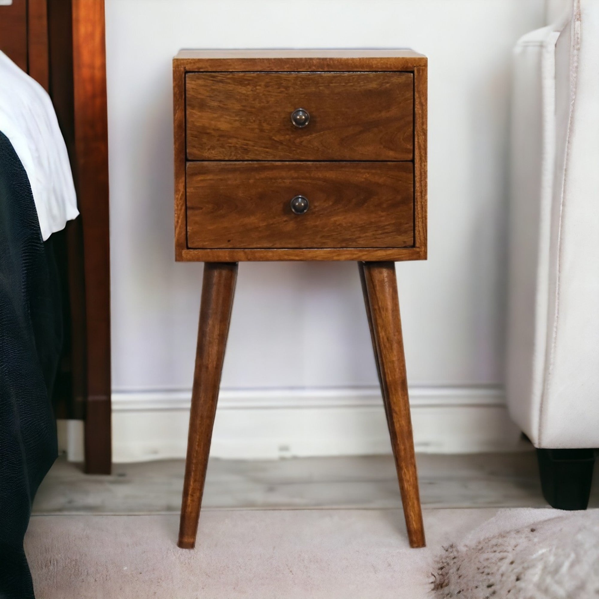 Solid Wood Mini Bedside with 2 Drawers, Dark Brown