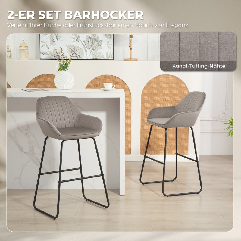Bar Stools, Set of 2 Upholstered with Metal Legs, Grey