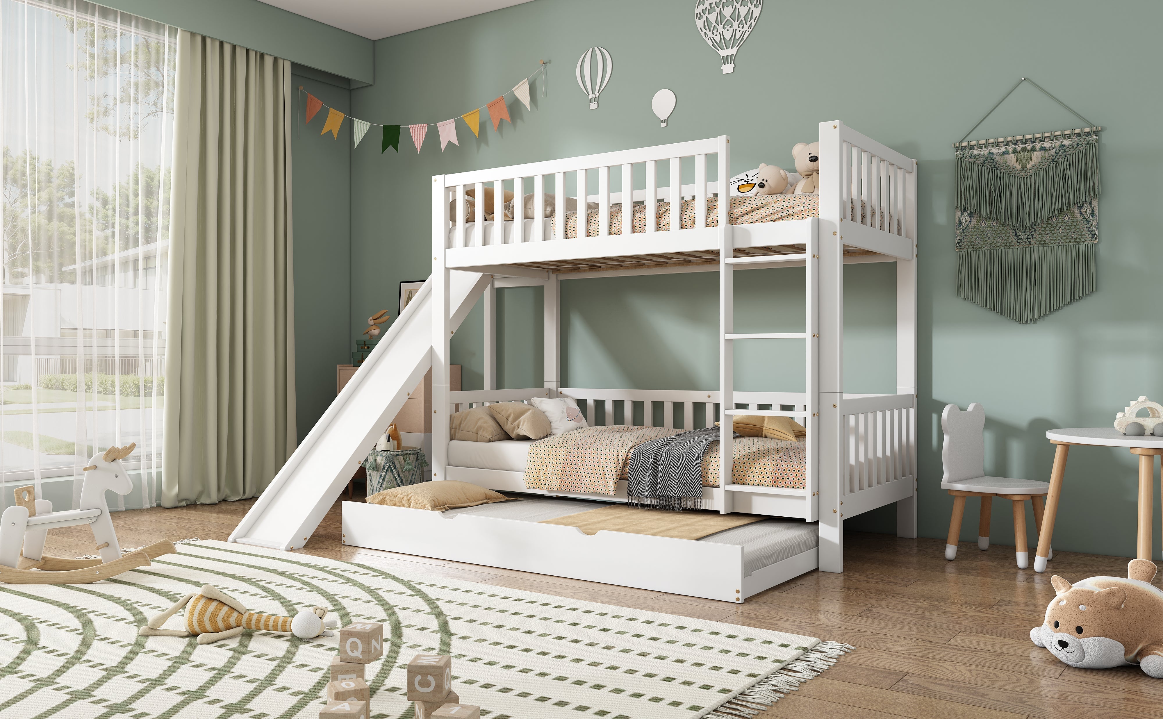 Bunk Bed with Trundle, Slide & Shelves, Pine + MDF White
