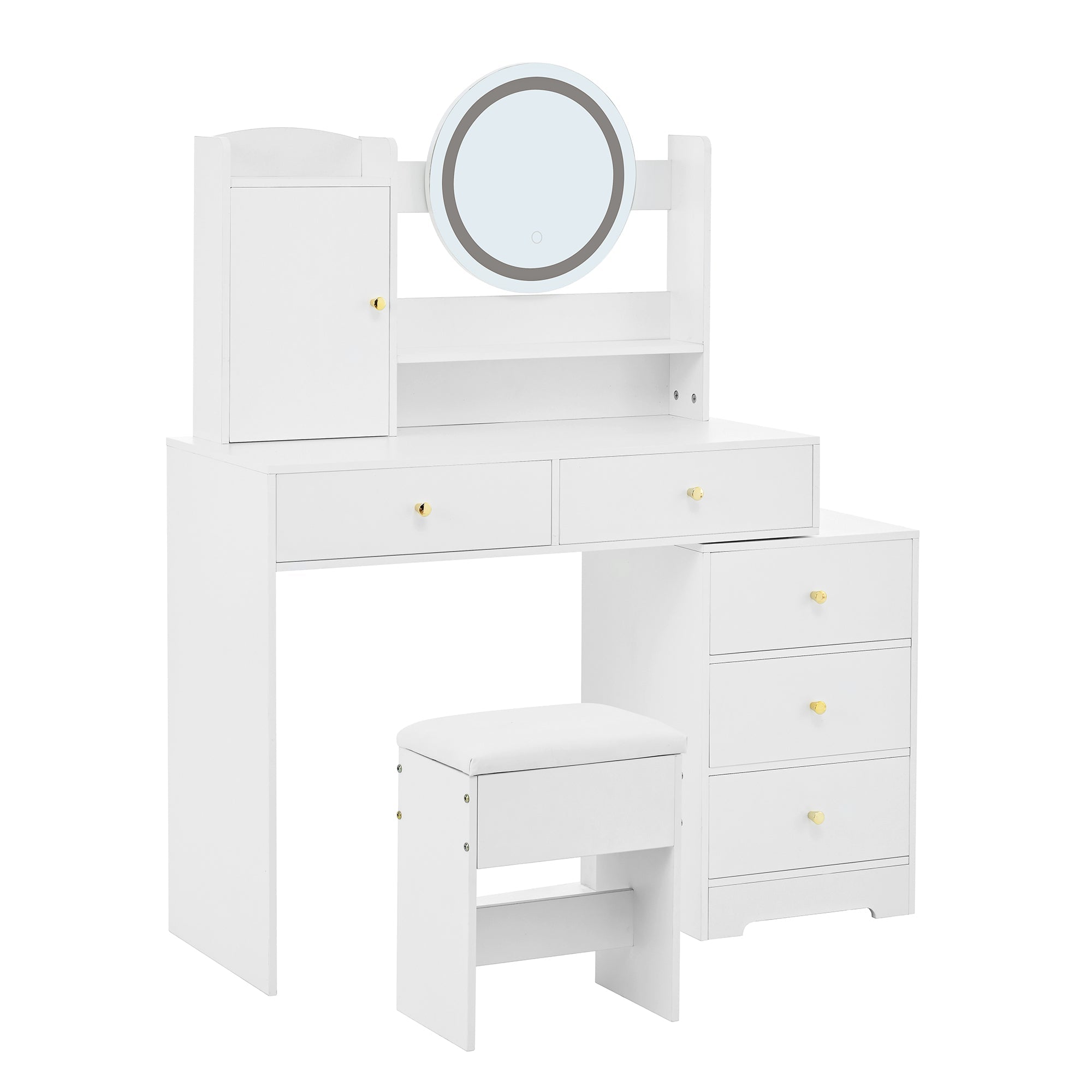 Dressing Table with Dimmable LED Lighting, Integrated Outlets, Mirror, Stool, 5 Drawers, Door Compartment, White