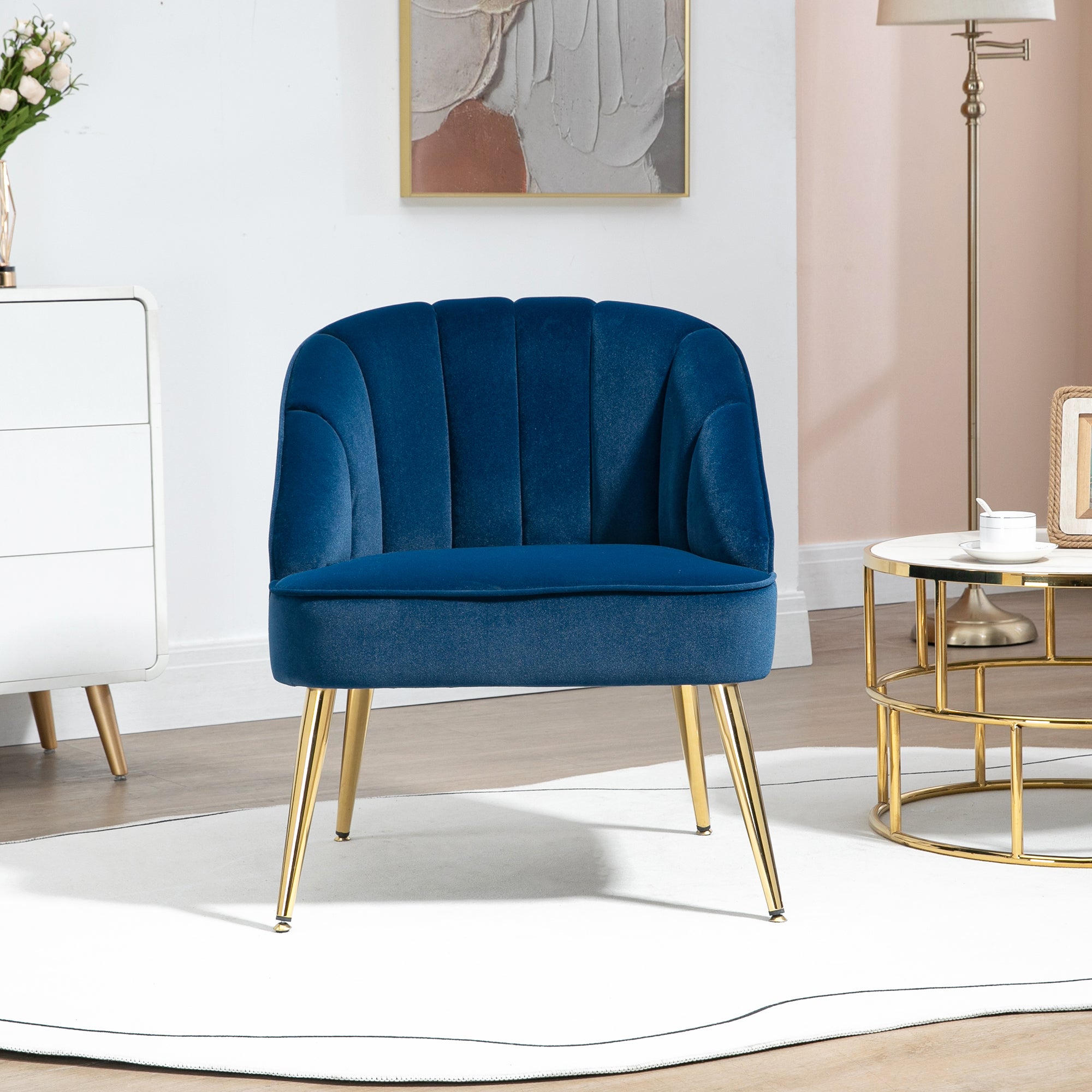 Wingback Armchair Lounge Recliner Steel Legs Velvet Look, Dark Blue