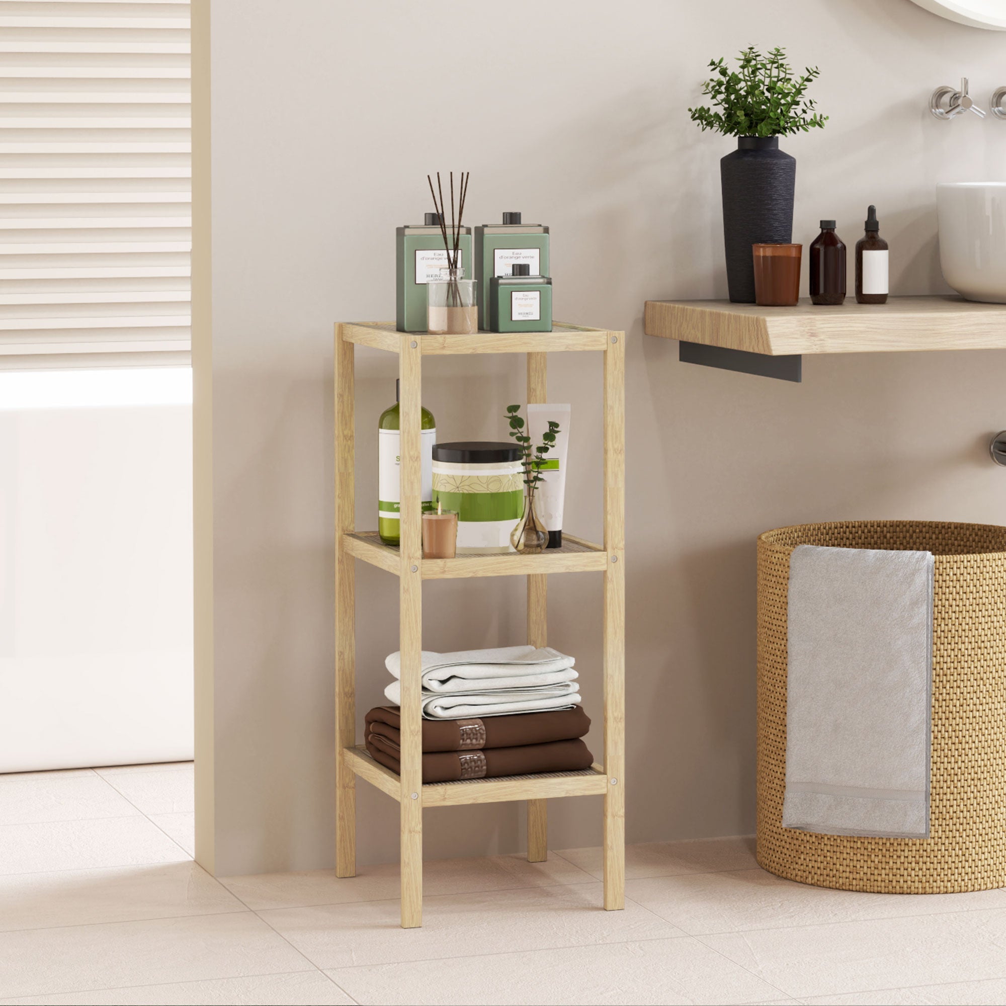 Bathroom Shelf, 3-Tier Freestanding Storage, Natural Wood