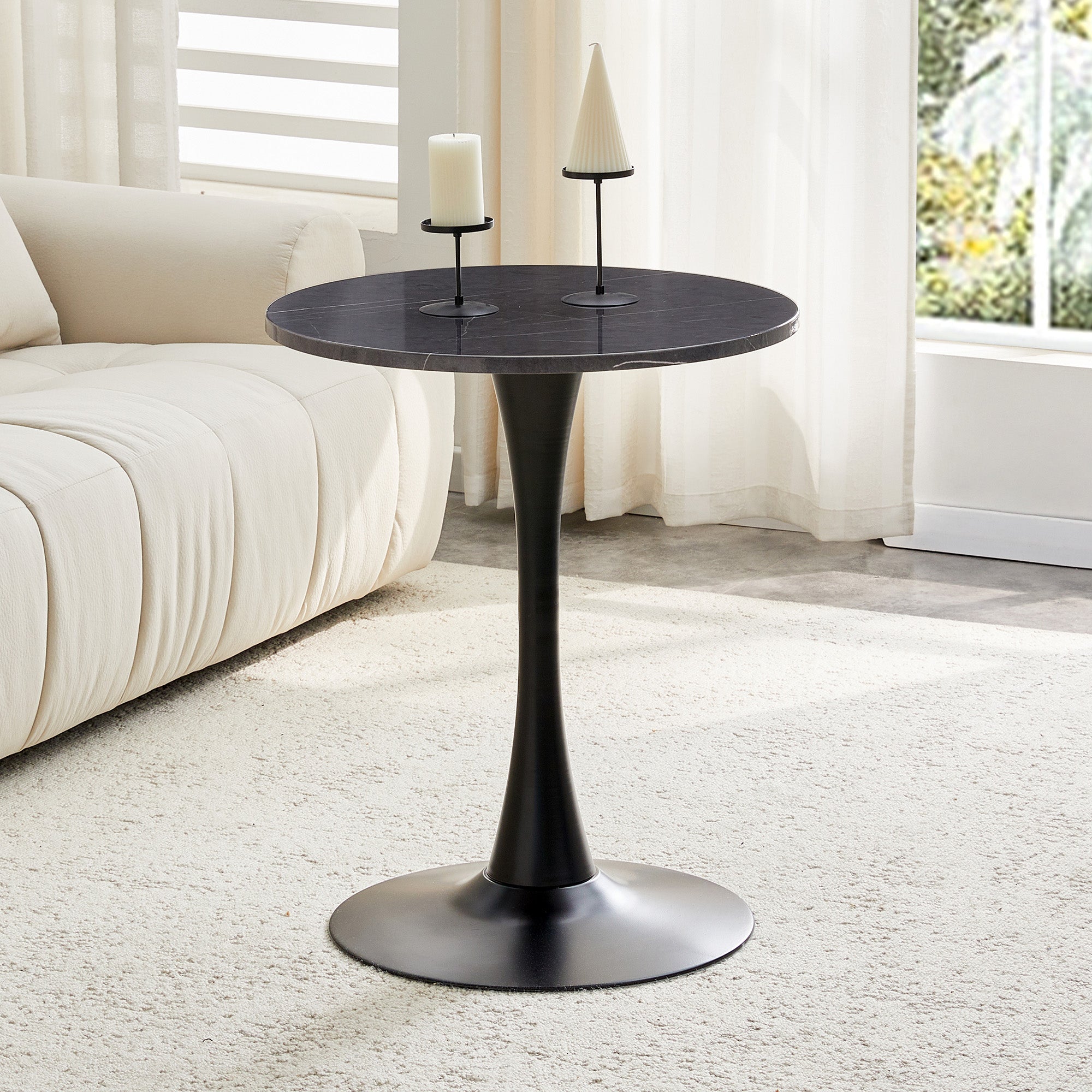 Round Side/Dining Table 60cm Marble Look - Black MDF