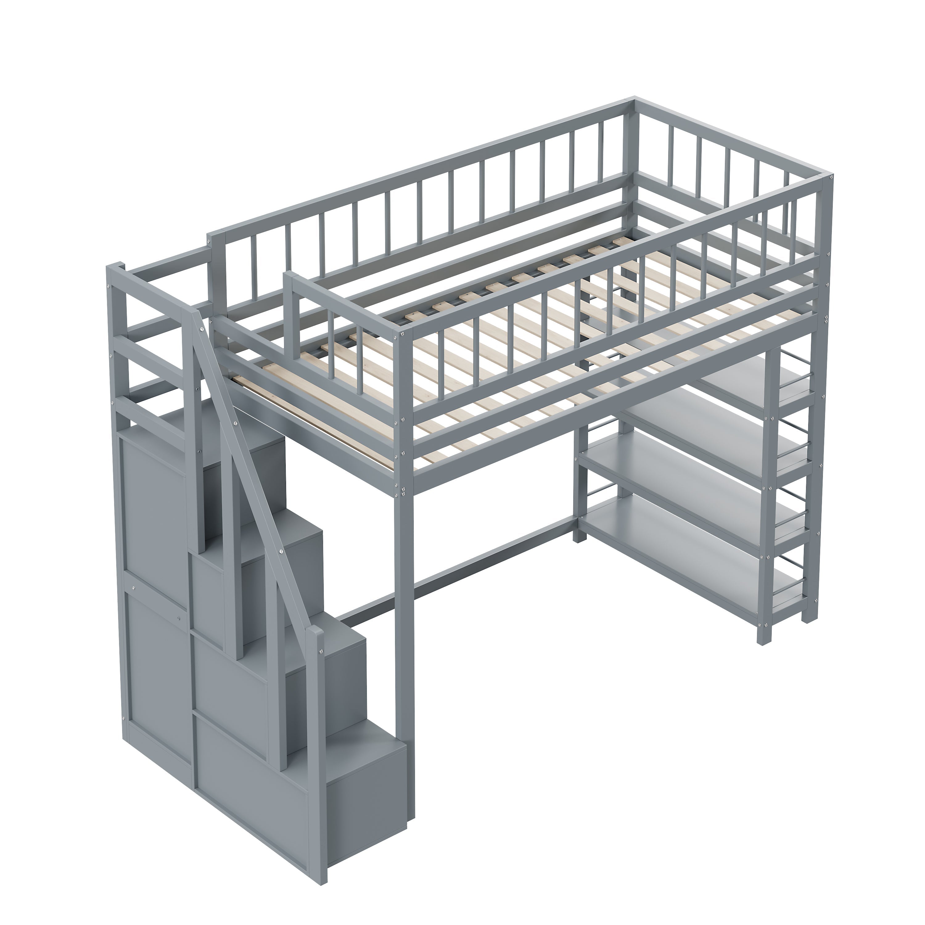Loft Bed, 90 x 200, Wardrobe, Shelves, Storage, Safety Ladder, Solid Wood, Grey