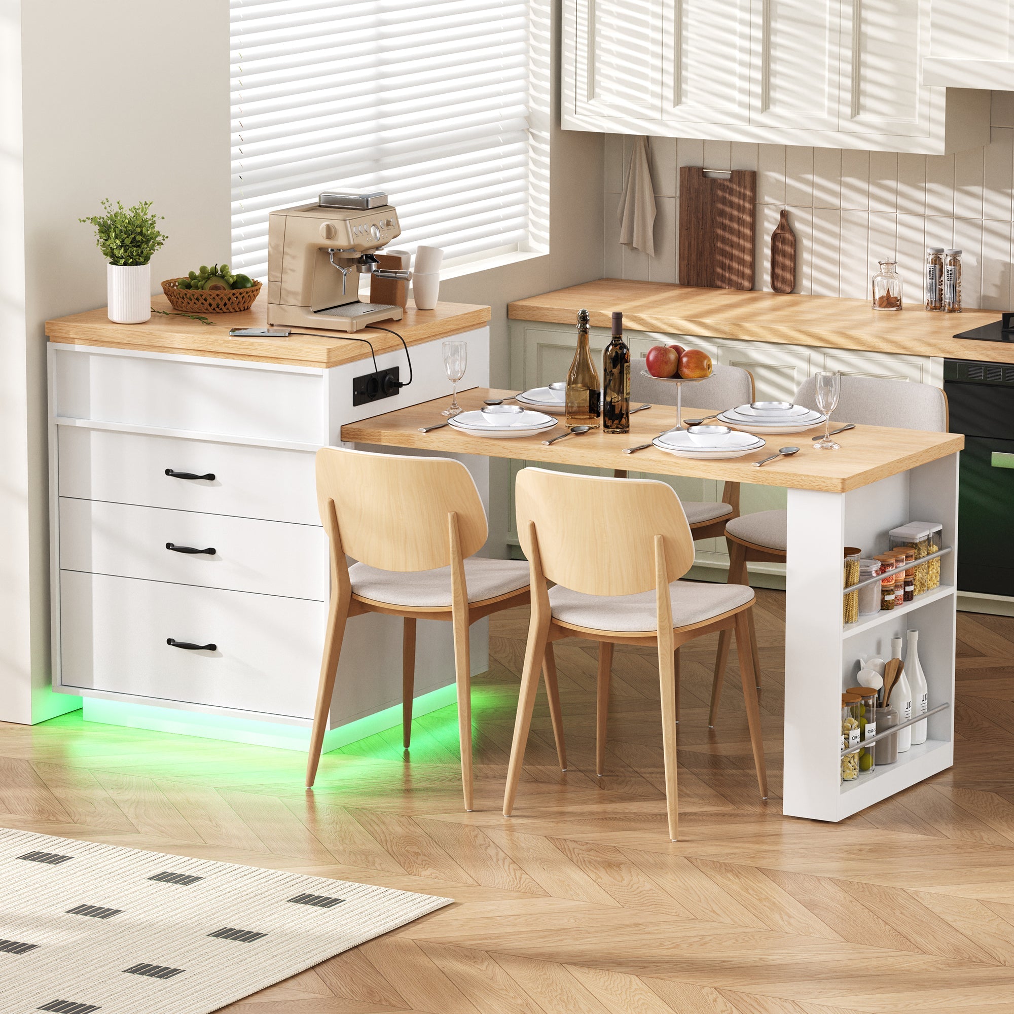 Mobile Kitchen Island Extendable Dining Table with LED & Power Strips - White