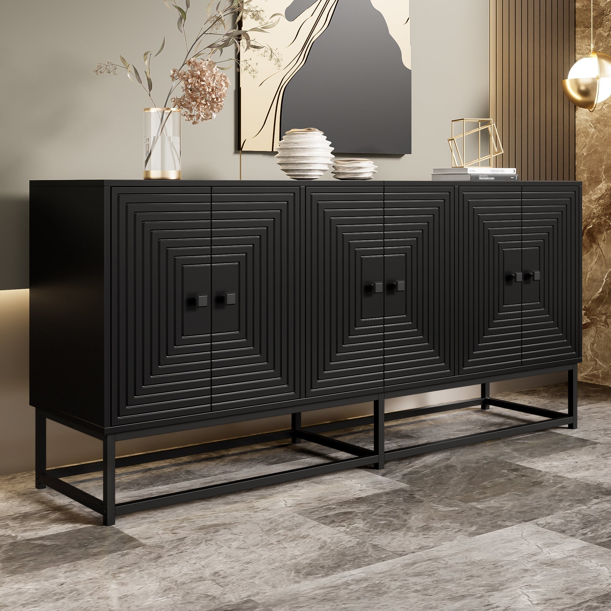 Sideboard Cabinet 3 Double Doors Large Storage Matte Finish - Black