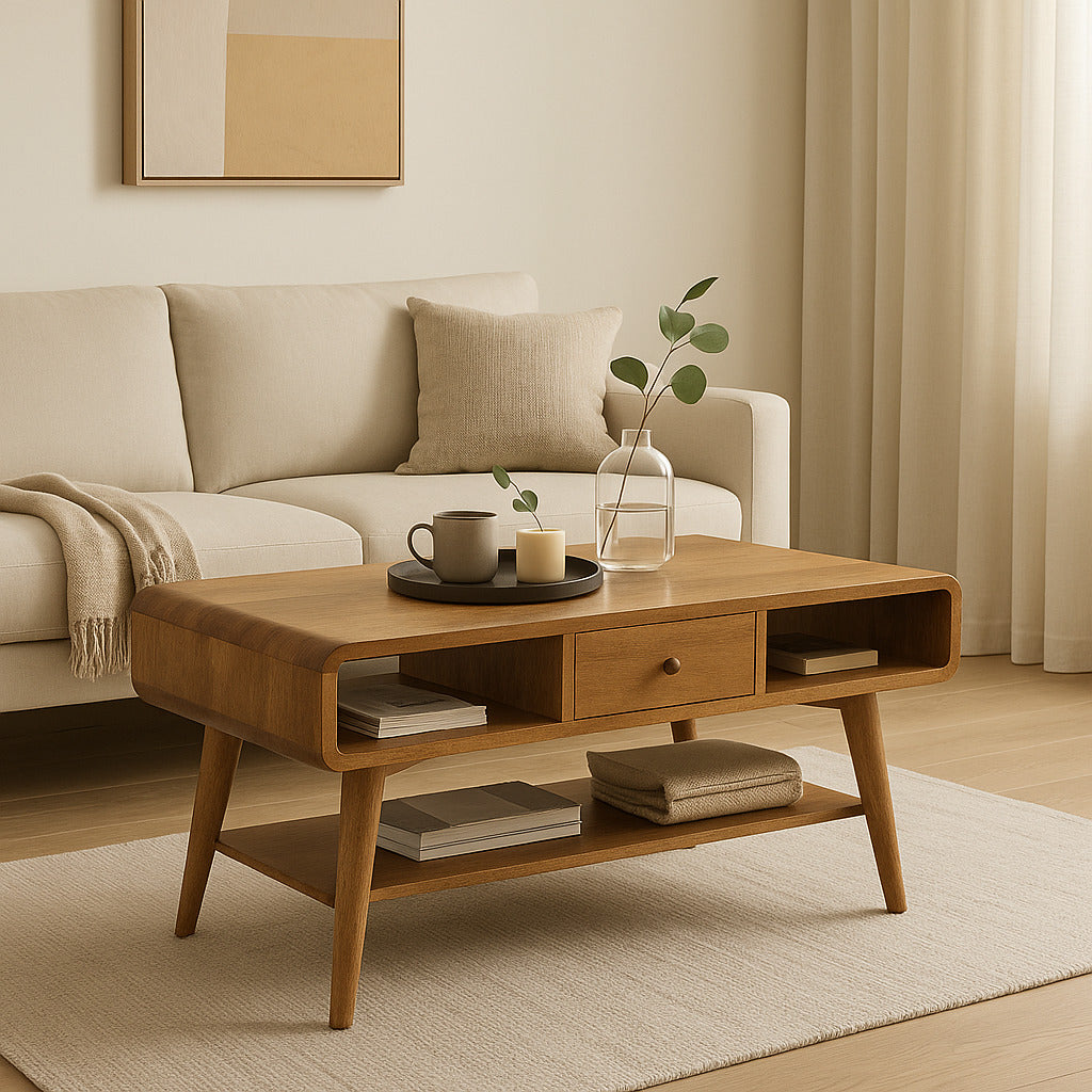 Solid Wood Curved Coffee Table, 2 Drawers and 2 Open Slots, Brown