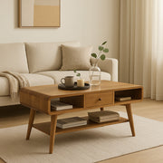 Solid Wood Curved Coffee Table, 2 Drawers and 2 Open Slots, Brown