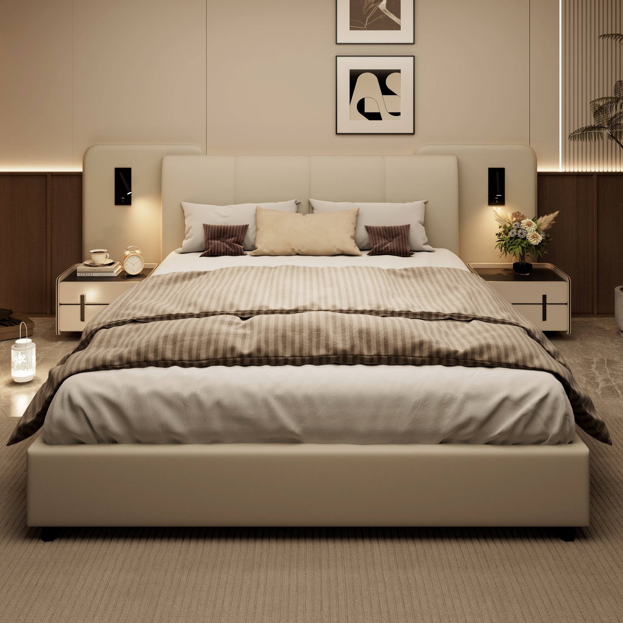 Upholstered Bed with Charging Port and Lighting, 4ft6 Double 135x190cm, Soft Sponge Headboard Backrest, Anti-collision Sponge Filling, PU + Plywood, Beige