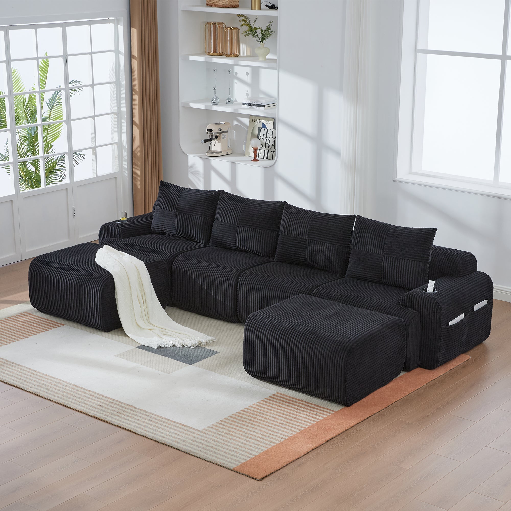 Modular 4-Seater Sofa with 2 Ottomans, Cup Holders and Storage, Black Corduroy