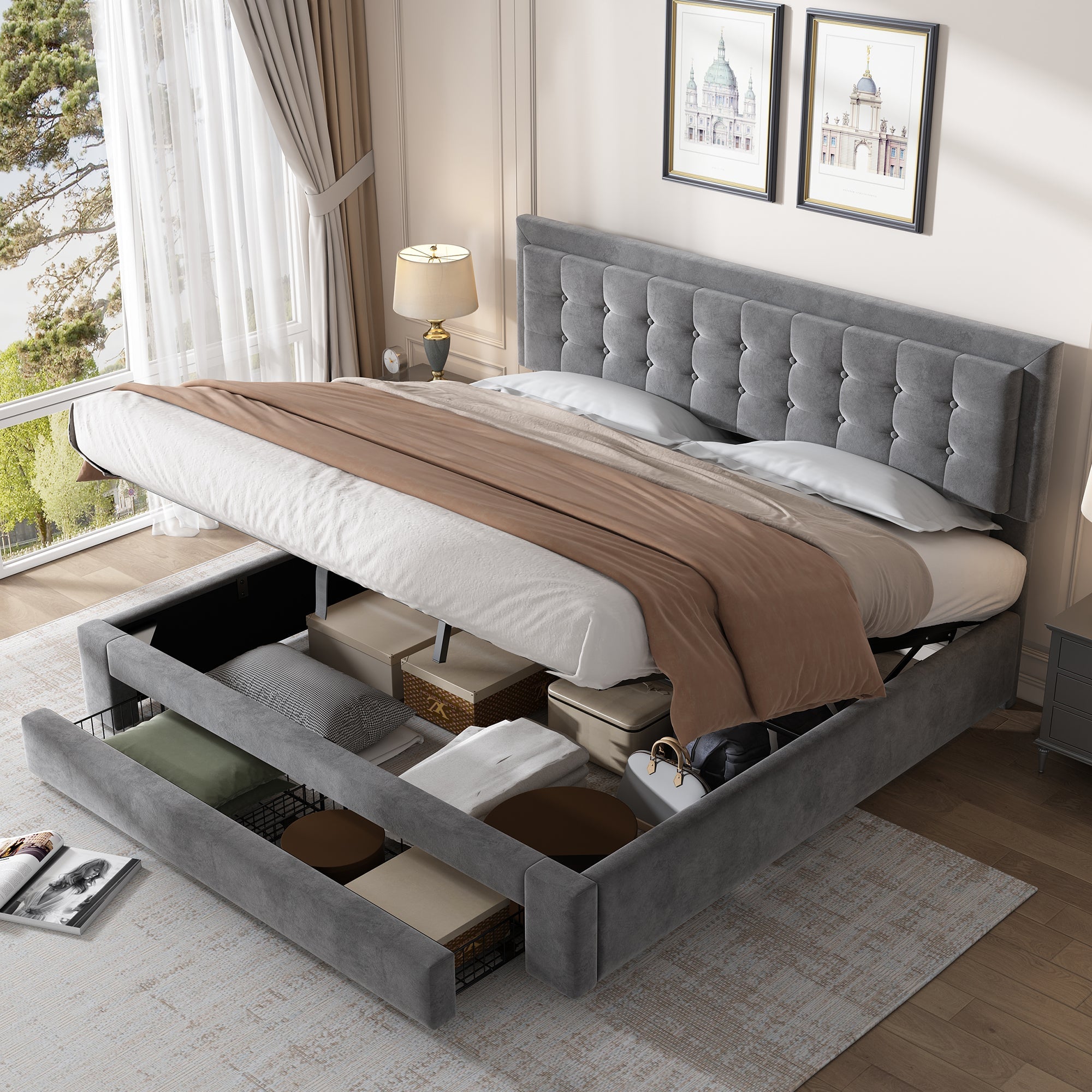 Upholstered Bed, King Size (150x200cm) with Storage, Slats & Headboard, Velvet Fabric, Grey