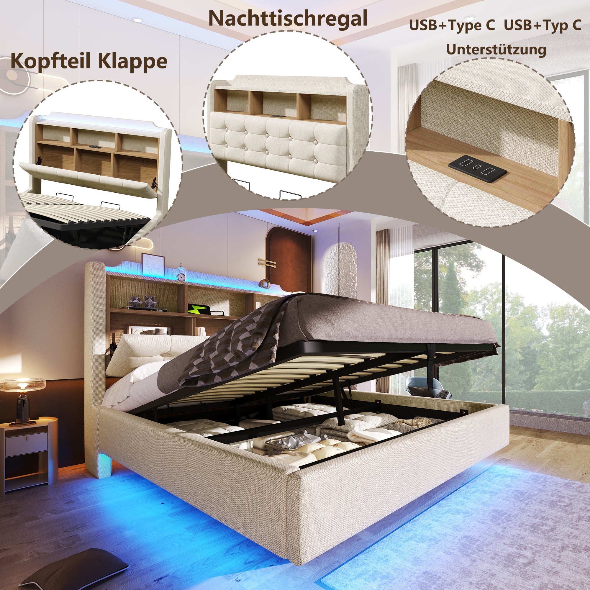 Upholstered Bed 140x200cm LED Light Strip Hydraulic Storage USB/Type-C Ports Linen Beige