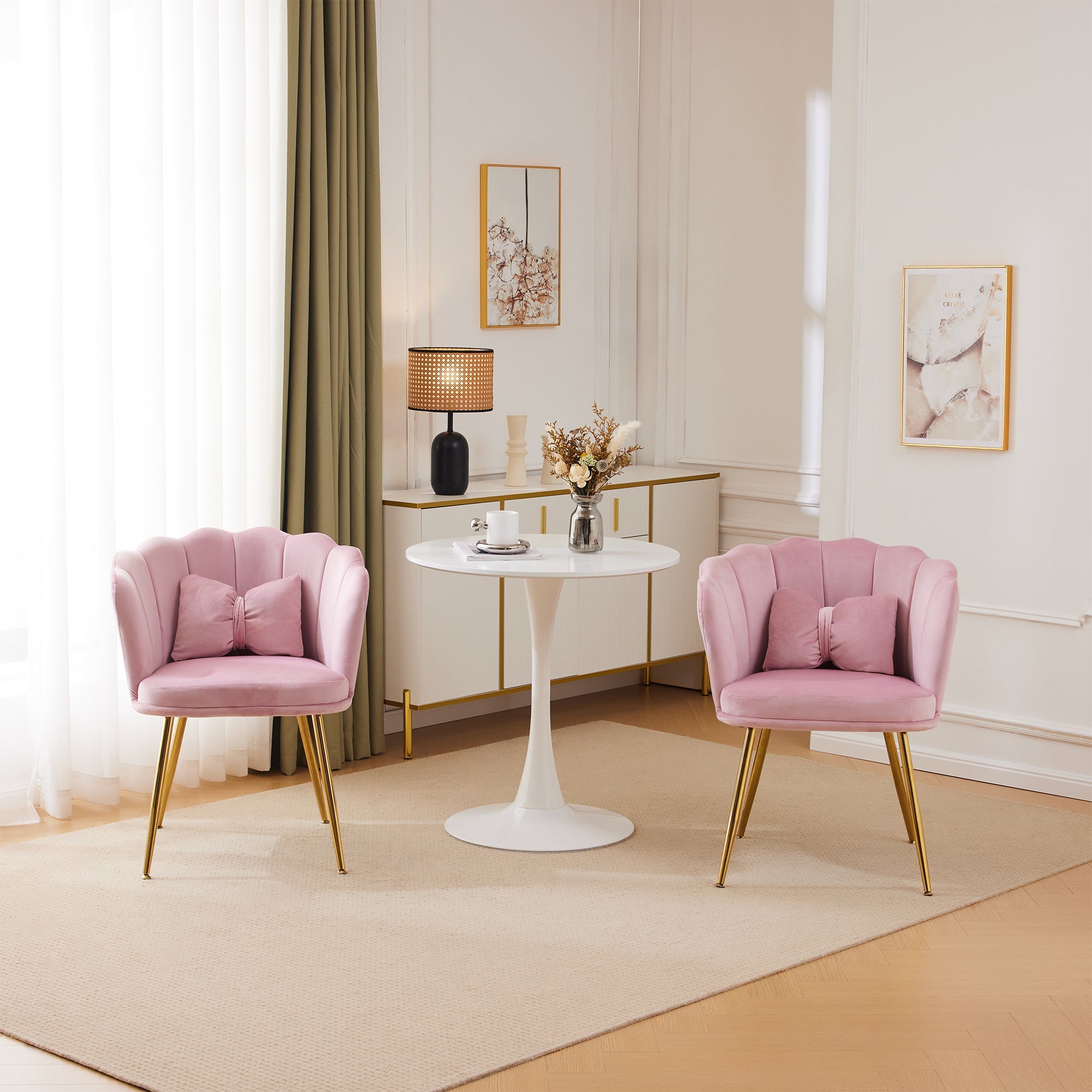 Chairs, Set of 2 Upholstered Petal Back with Gold Legs, Velvet