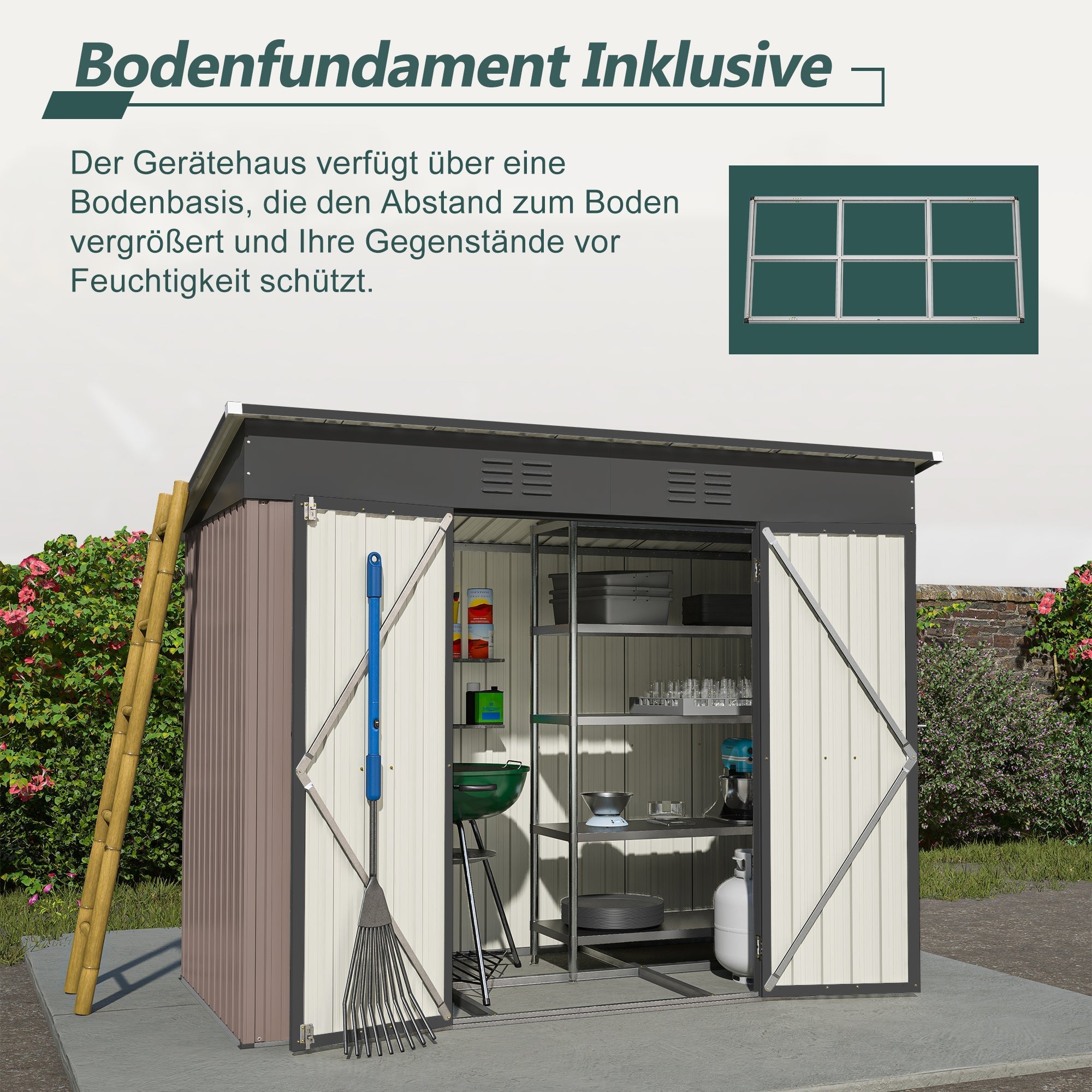 8x4 FT Metal Tool Shed Garden House with Metal Foundation, Brown