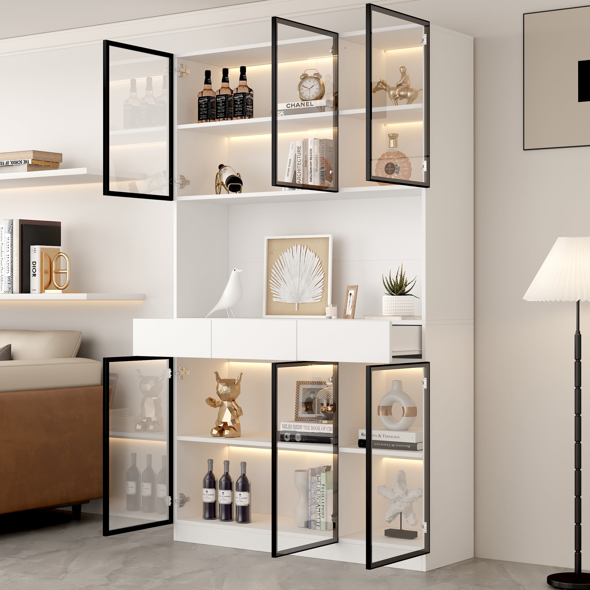 White Display Cabinet with LED Lights and 6 Glass Doors, 200cm High, White and Black Aluminium Frame