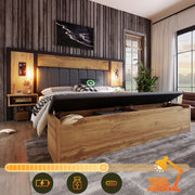 Double Bed Upholstered 160×200, Reading Lamp USB C Storage Bench, Oak Wood and Linen