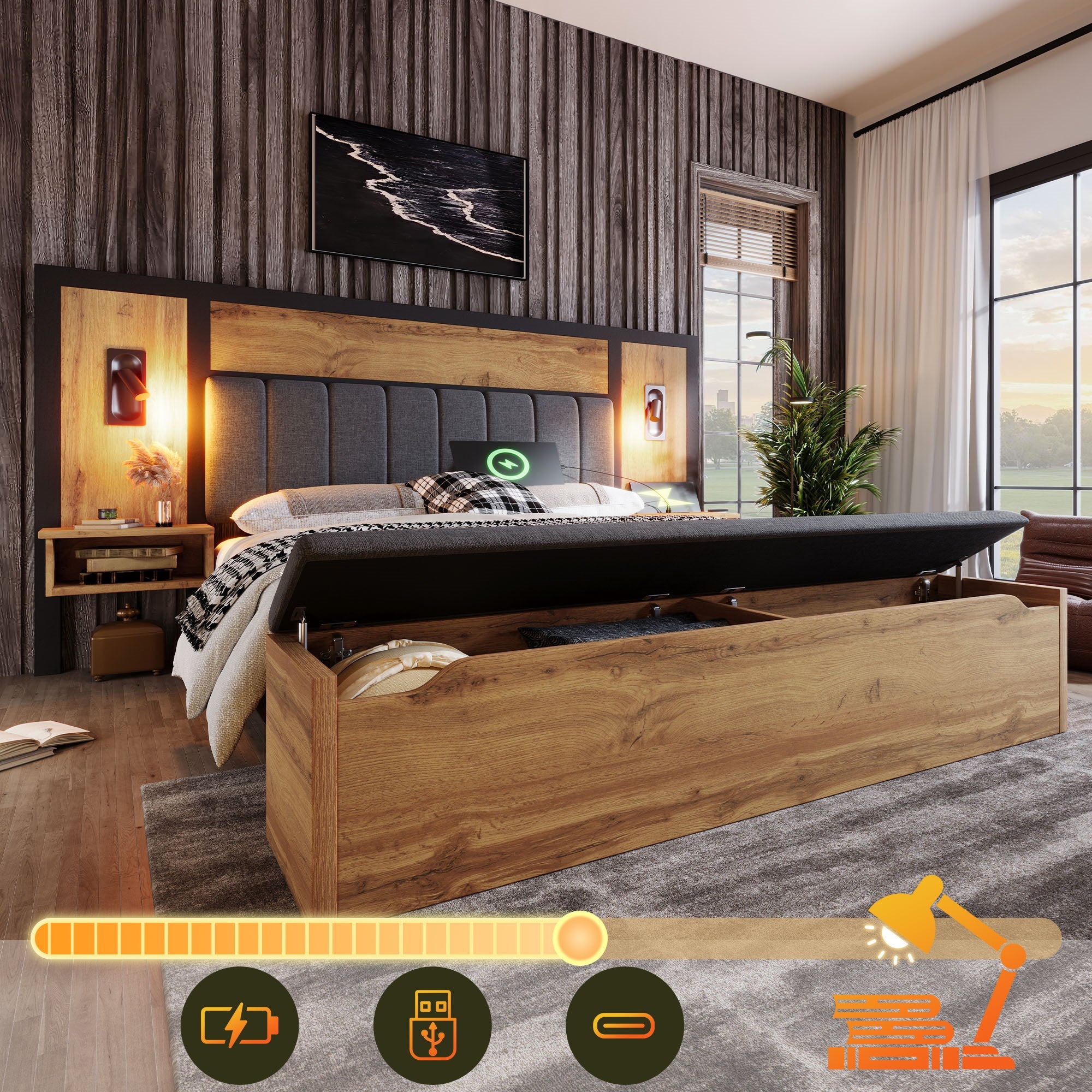 Double Bed Upholstered 160×200, Reading Lamp USB C Storage Bench, Oak Wood and Linen