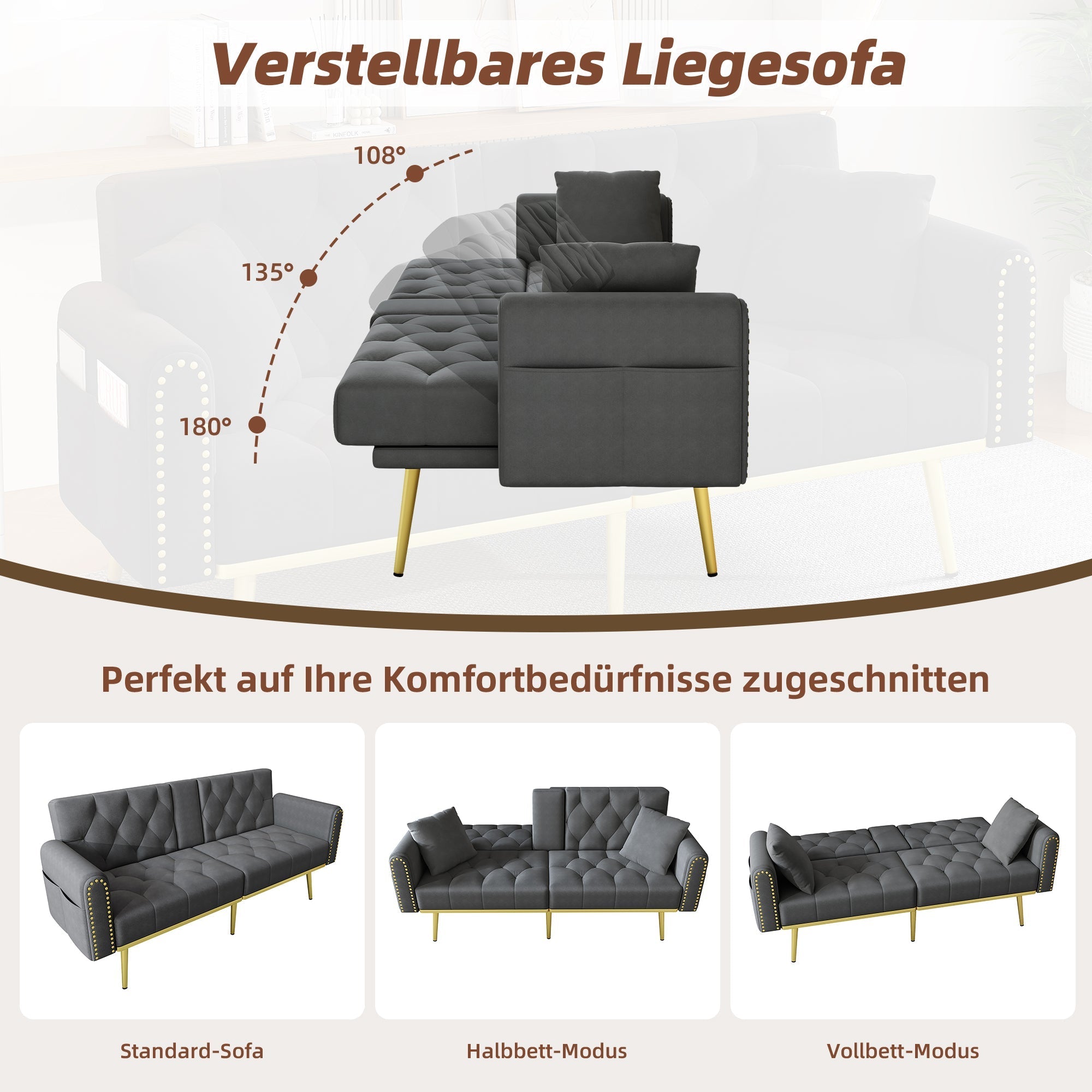 Double Fold-Out Sofa Bed Reclining 3-Position with Cup Holders Fabric Gray