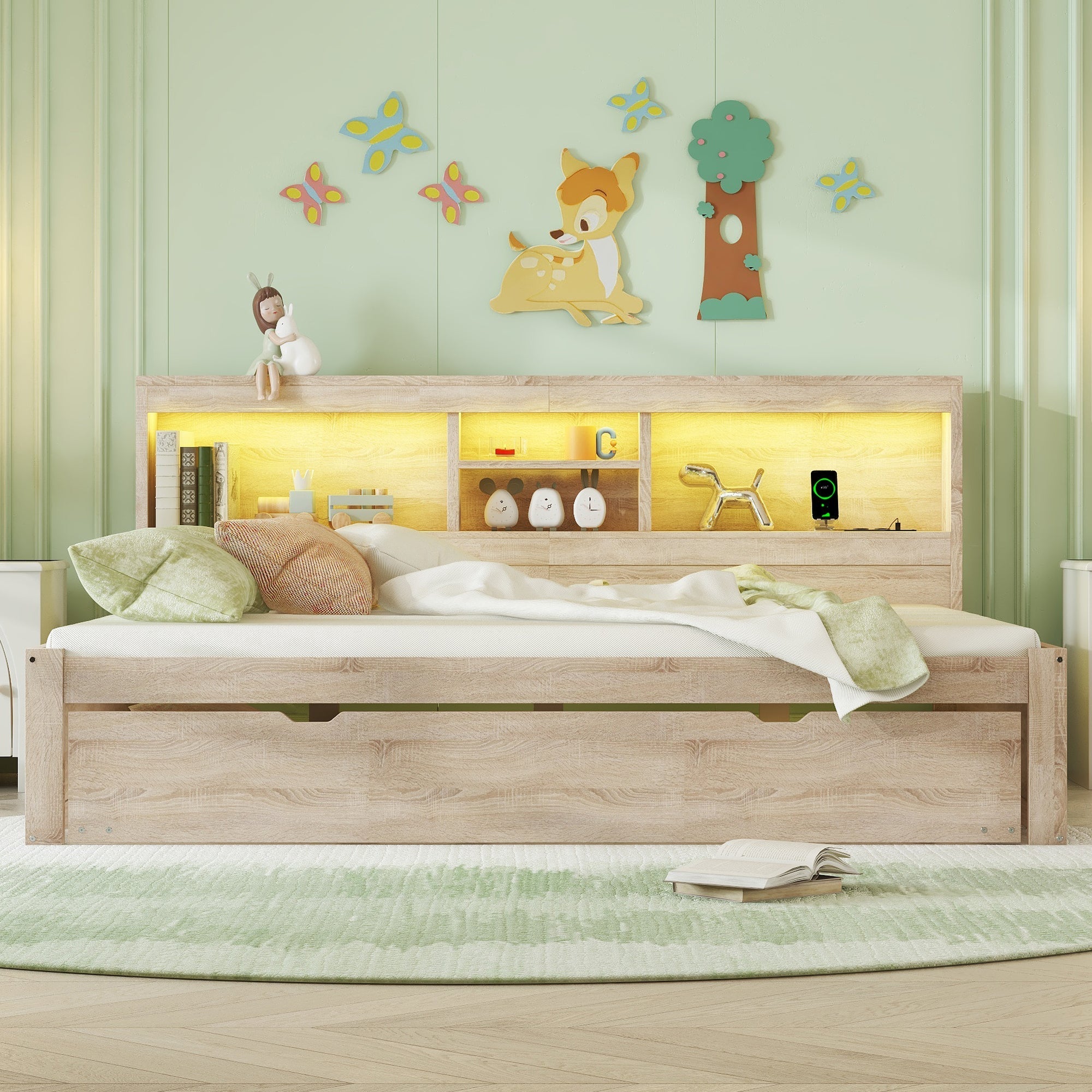 Daybed Sofa Bed 140x200cm Pull-out Bed LED Storage USB/Outlet - Natural