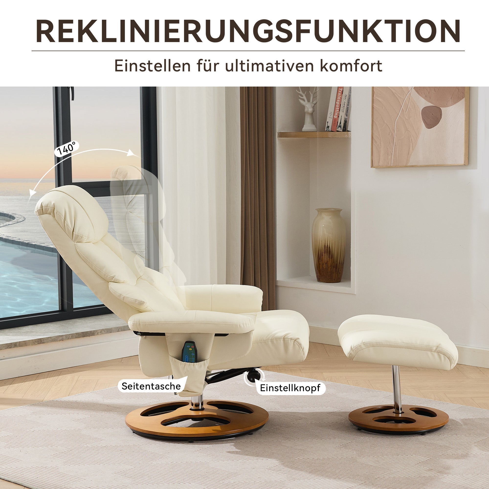 Recliner Chair with Massage, Heat, Reclining, Stool, 360° Rotatable, PU Fabric White