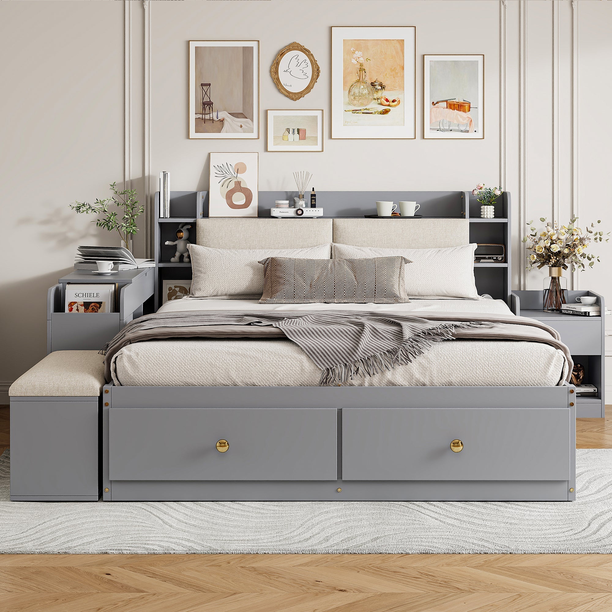 Solid Wood Combo Bed, 140x200cm with Storage & Sofa Bench, Gray