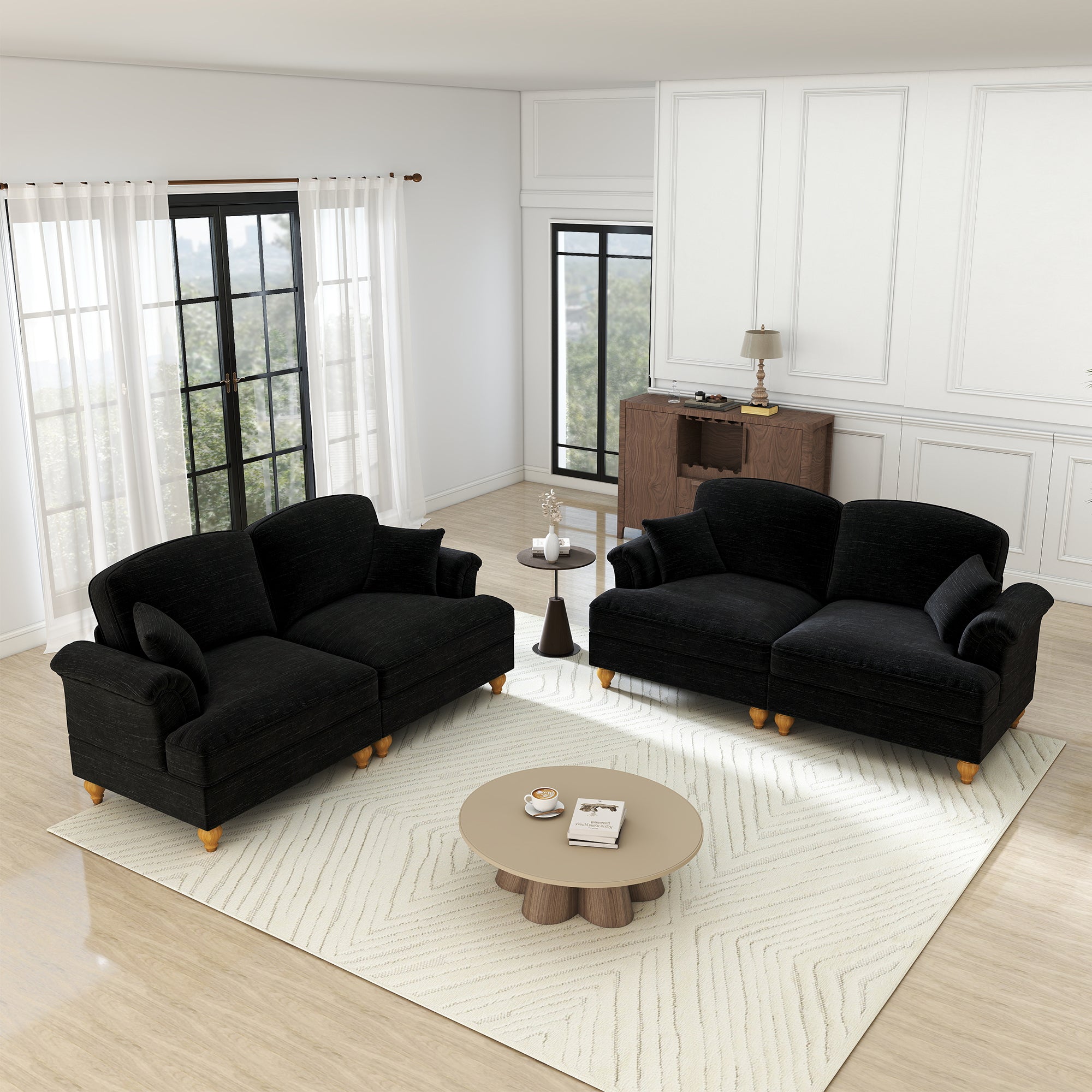 Mid-Century L-Shaped 2-Seater Sofa with Movable Ottoman - Black Chenille