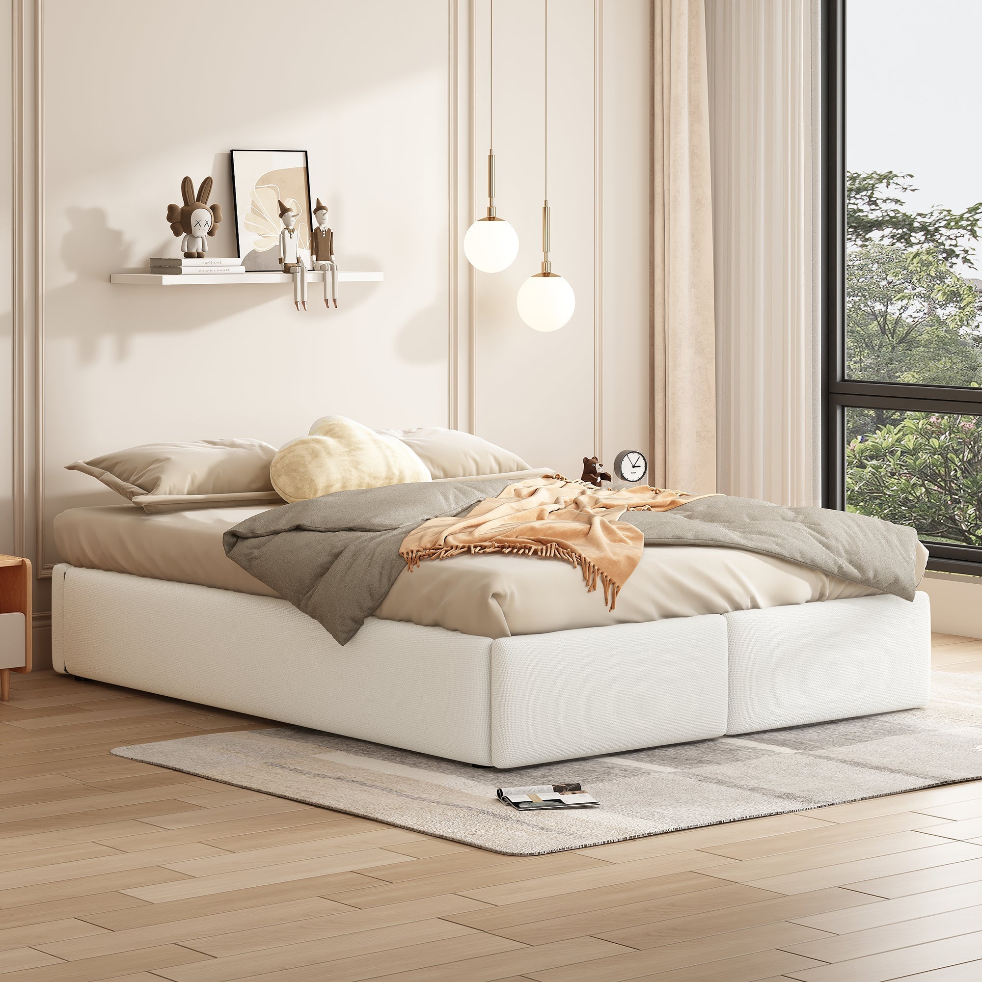 Upholstered Platform Bed 140x200cm Hydraulic Storage 2 Drawers - White