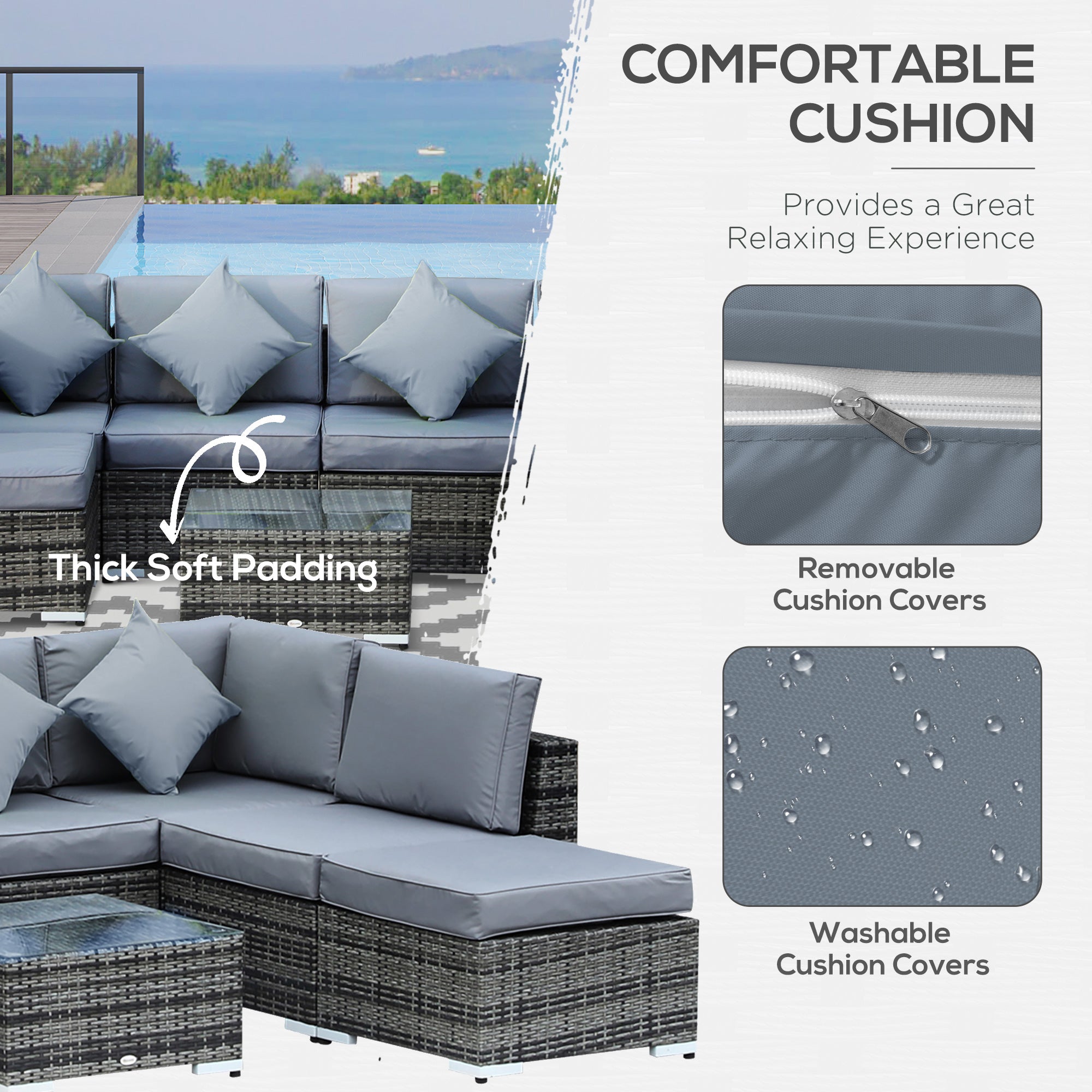 8 Pieces PE Rattan Corner Sofa Set Thick Cushions Glass Top Table, Aluminium Grey
