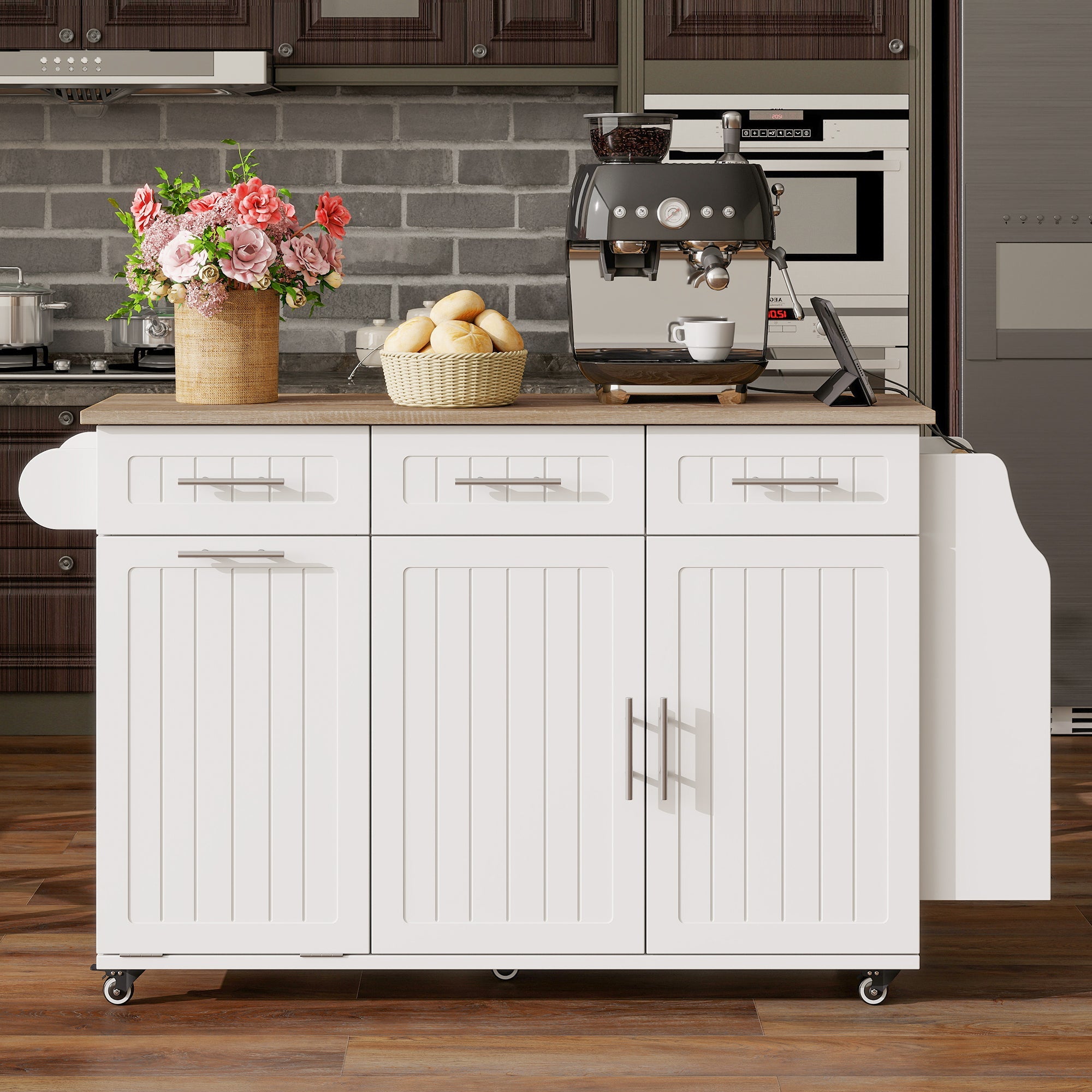 Kitchen Island Extendable Worktop Waste Bin Power Strips Mobile