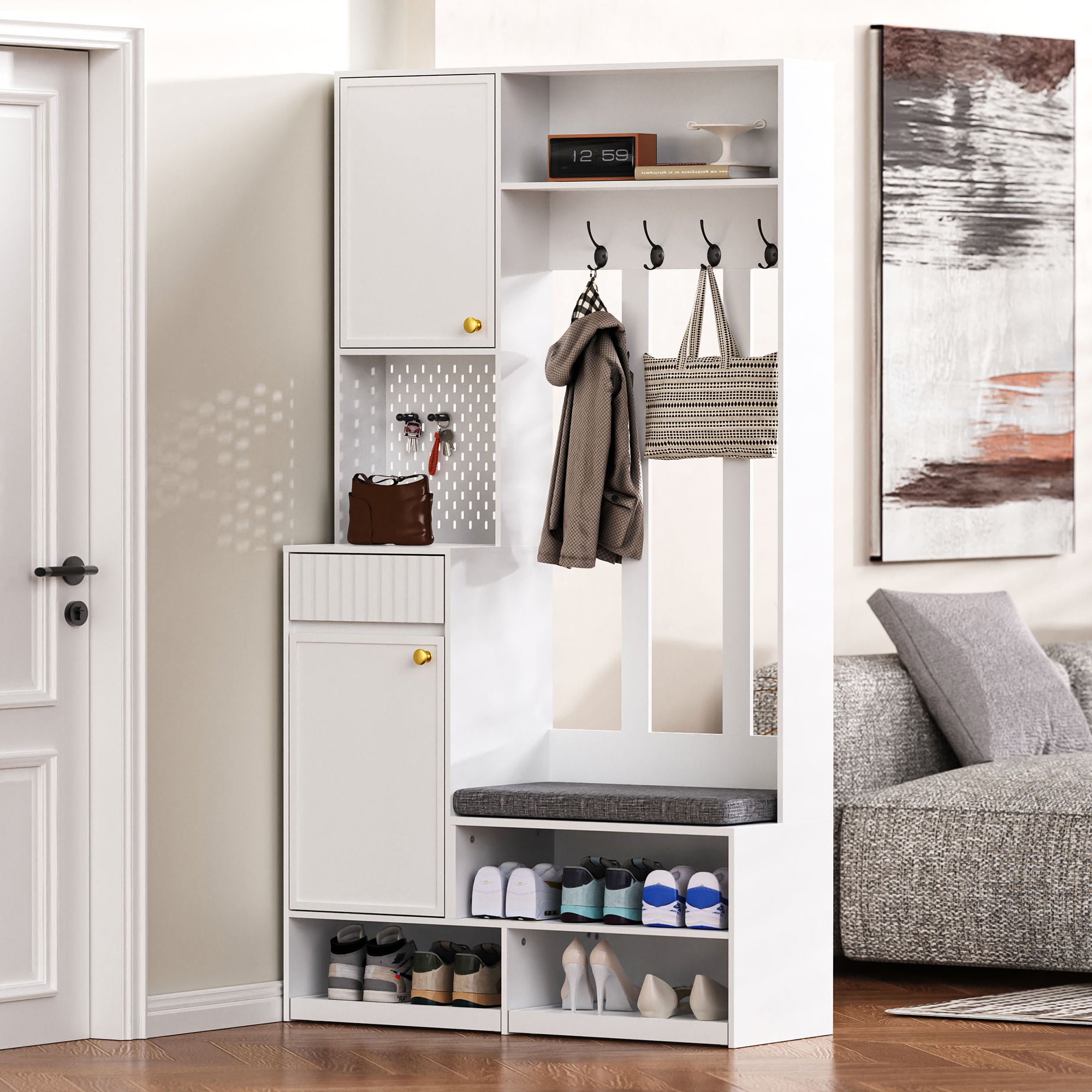 Wardrobe set, complete hallway with bench, 4 hooks, doors & drawers - white