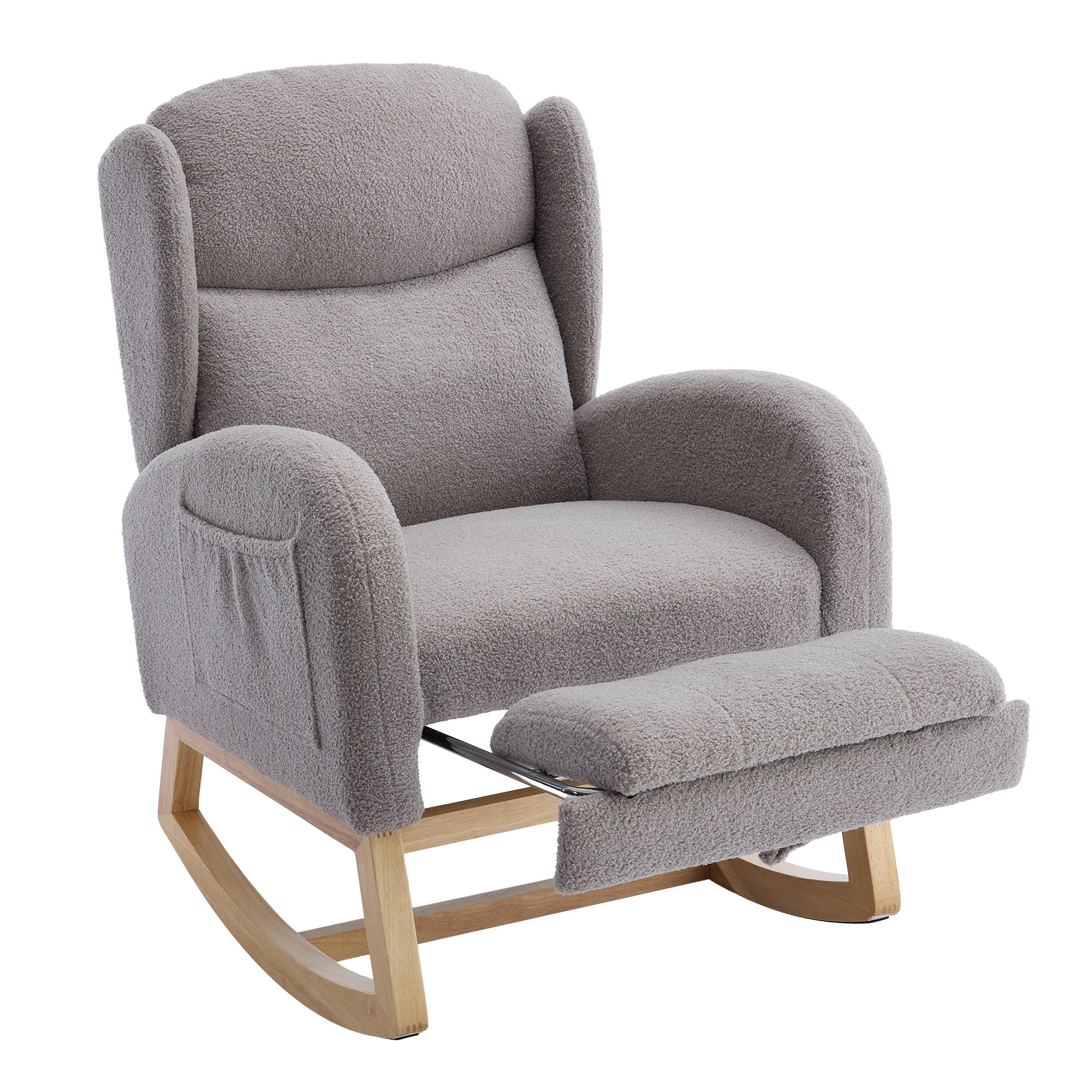 049B Rocking Chair, Nursing Lounge Chair with Adjustable Footrest, High Back, Teddy Fabric, Gray