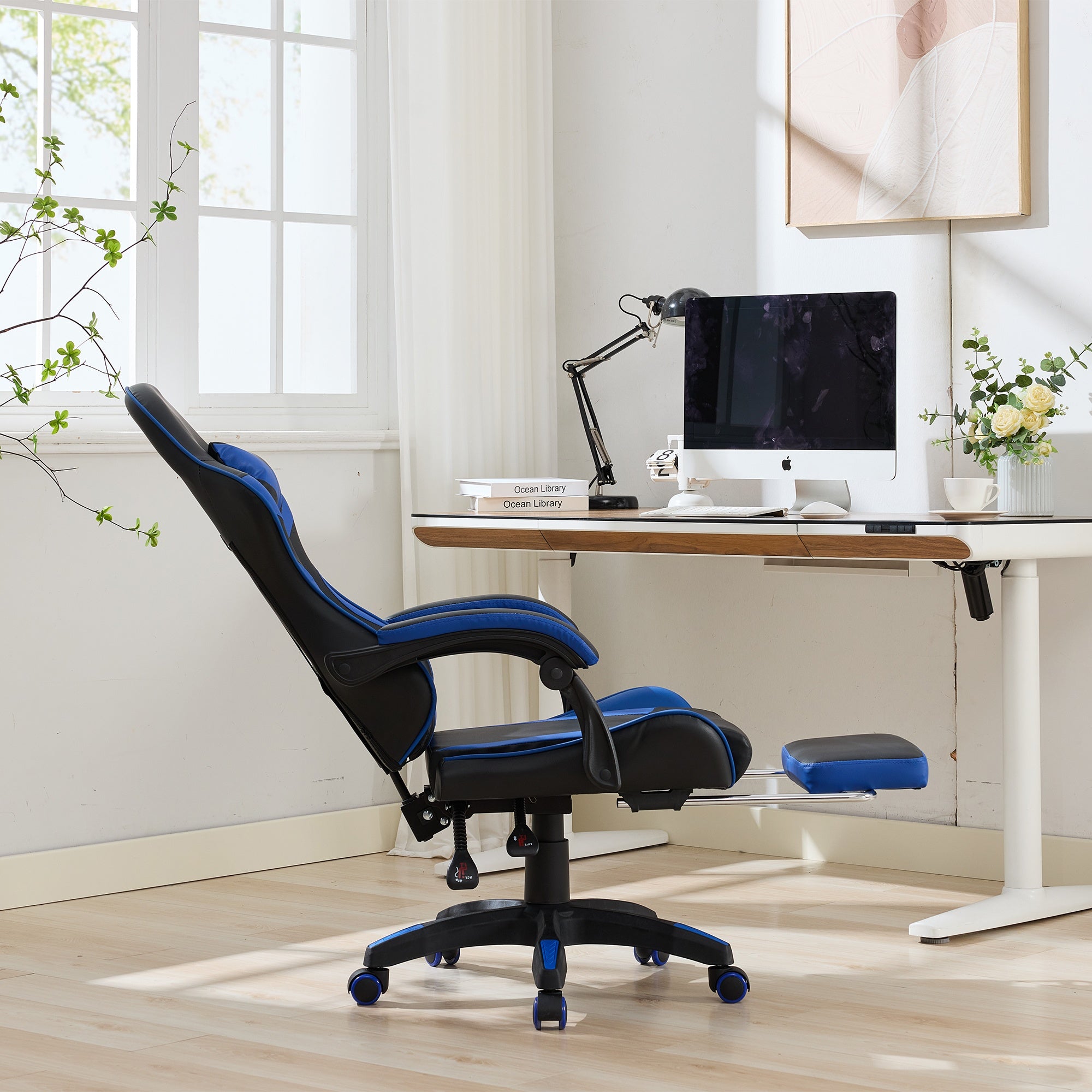 Gaming Chair Ergonomic Racing High-Back with Footrest Headrest Lumbar Support - Black & Blue Leather