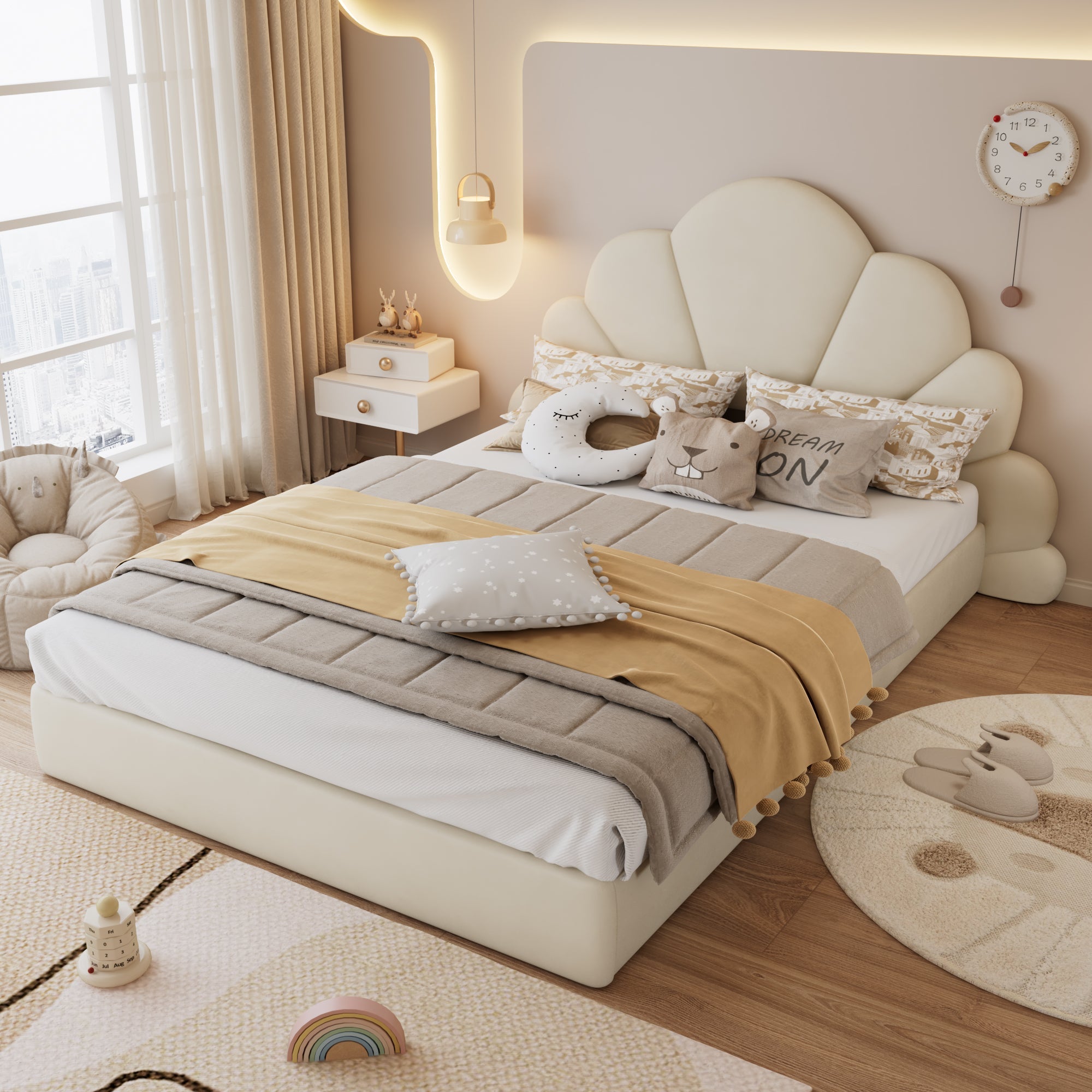 Upholstered Bed, Curved Petals, Modern Frame, Velvet Beige