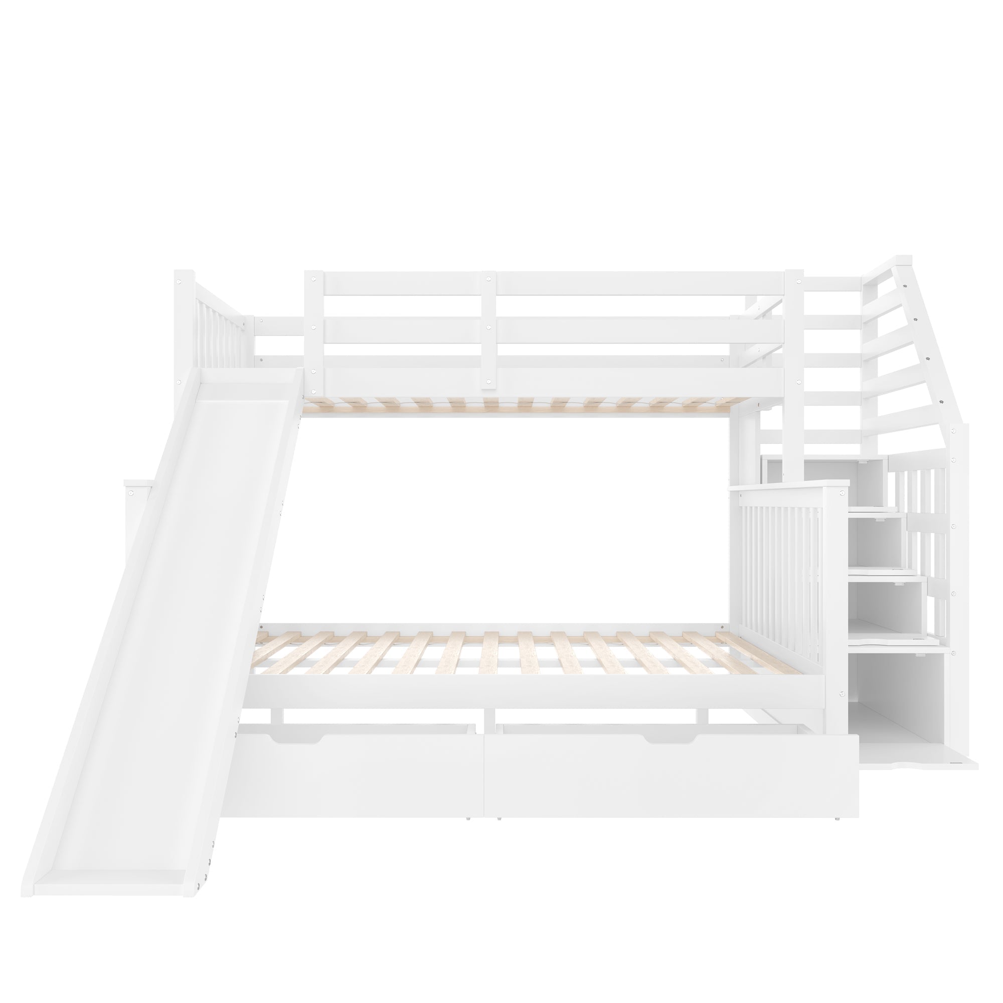 Bunk Bed 90x200 over 140x200 with Drawers Storage and Slide - White