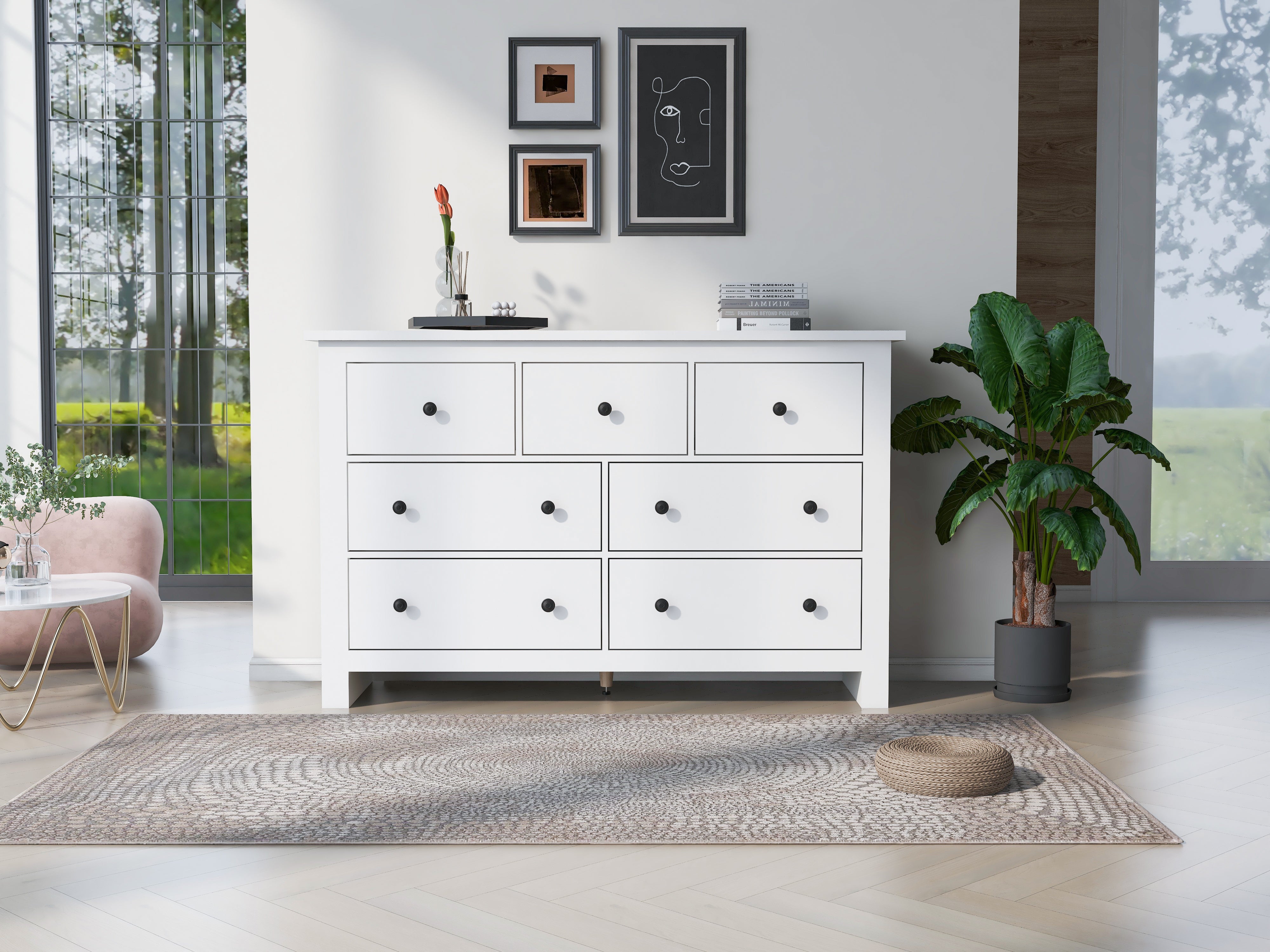 Sideboard with 7 Drawers, Kitchen & Living Room Storage Cabinet, White