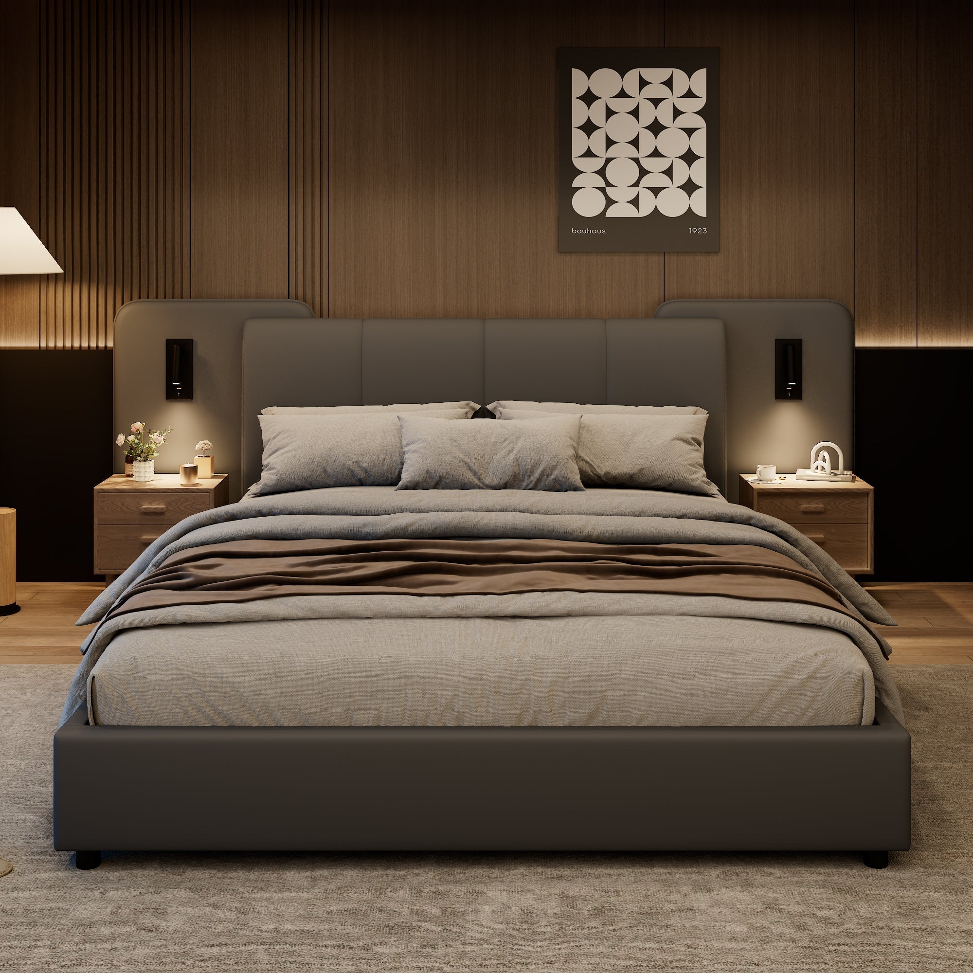 Upholstered Bed with Charging Port and Lighting, 4ft6 Double, Soft Sponge Headboard, Anti-collision Filling, Grey PU + Plywood