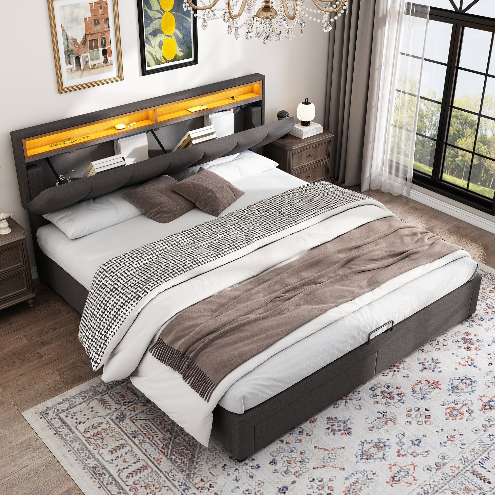 Upholstered Double Bed 160x200cm Hydraulic Storage LED Stowable Headboard - Linen Grey