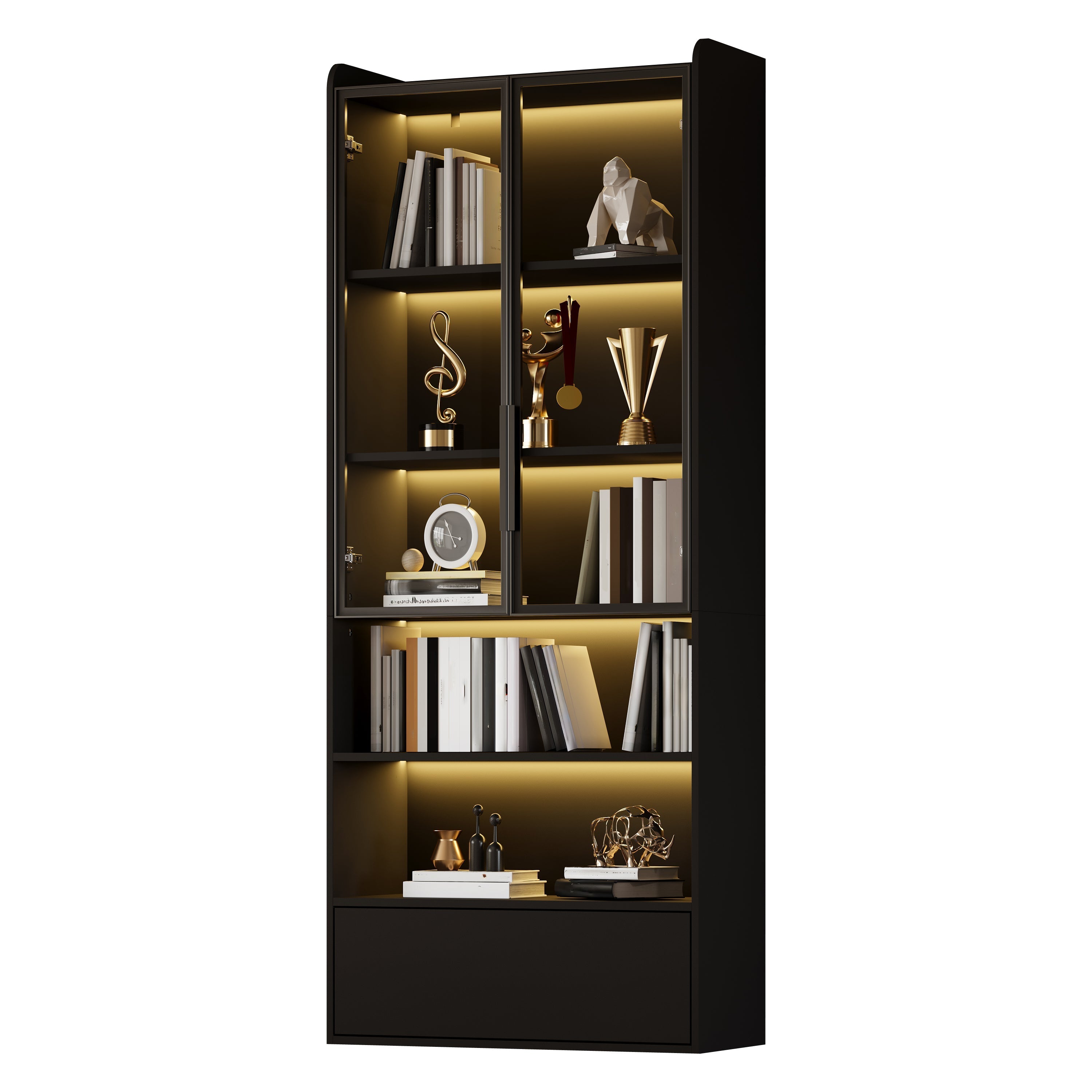 Tall Display Cabinet with 1 Drawer, LED Lighting and Glass Doors, Black