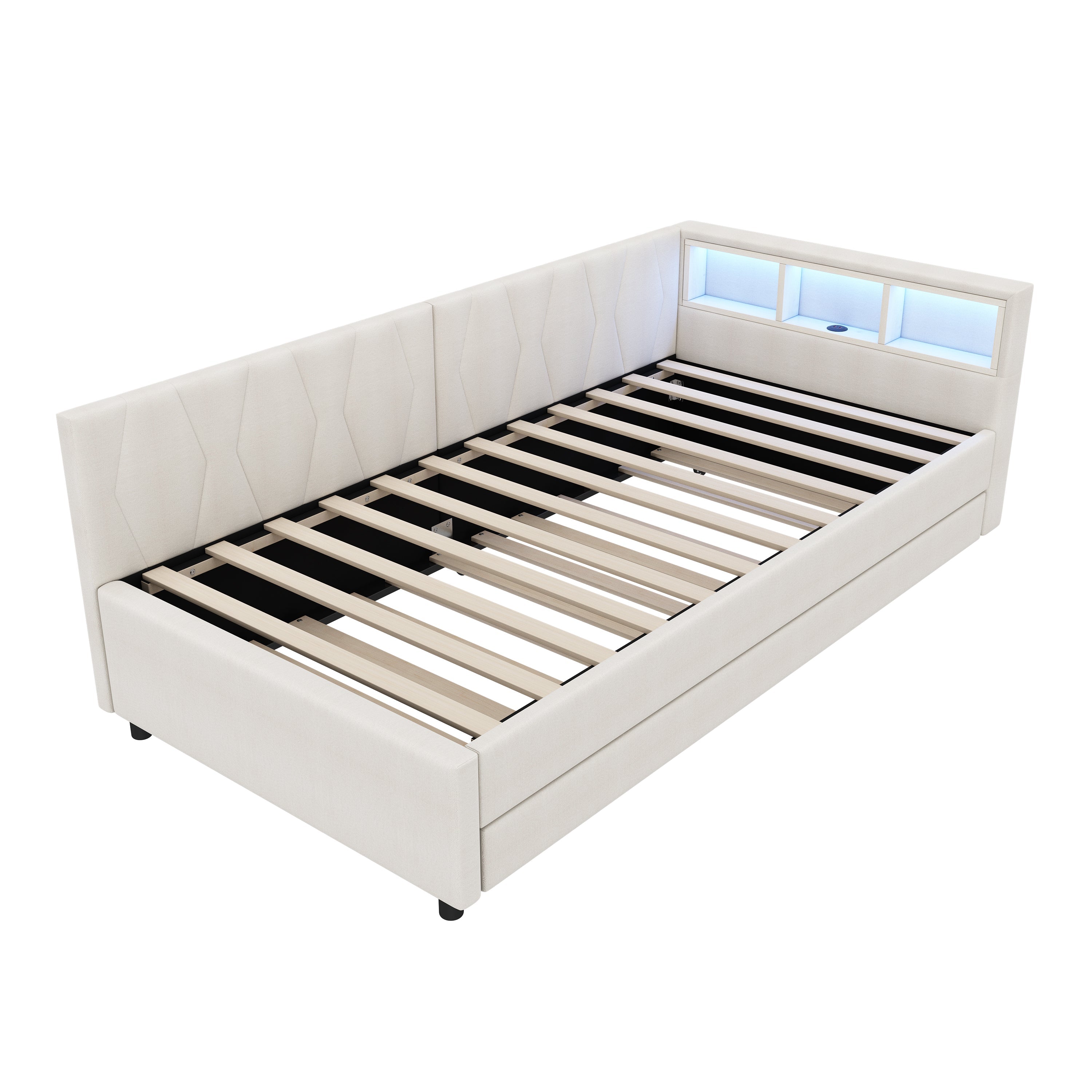 Daybed Sofa Bed 90x200cm Pull-out Bed Storage LED USB/Type-C - Linen Beige