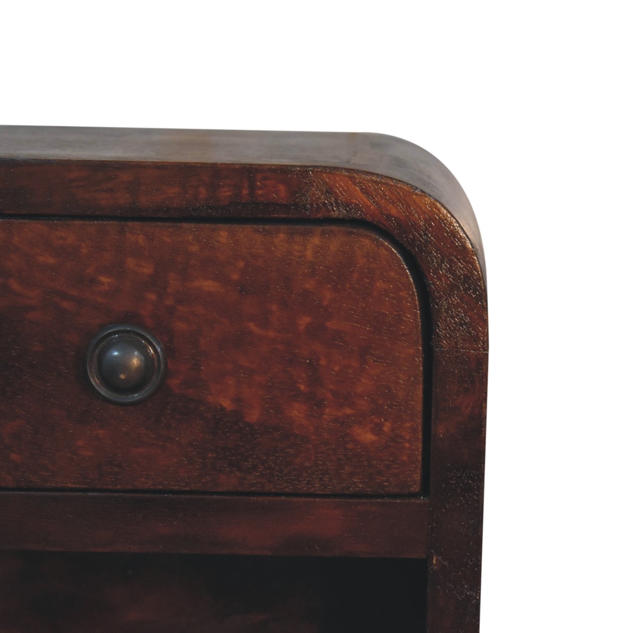 Solid Wood Extra Mini Curved Bedside, 1 Drawer and Open Shelf, Dark Brown