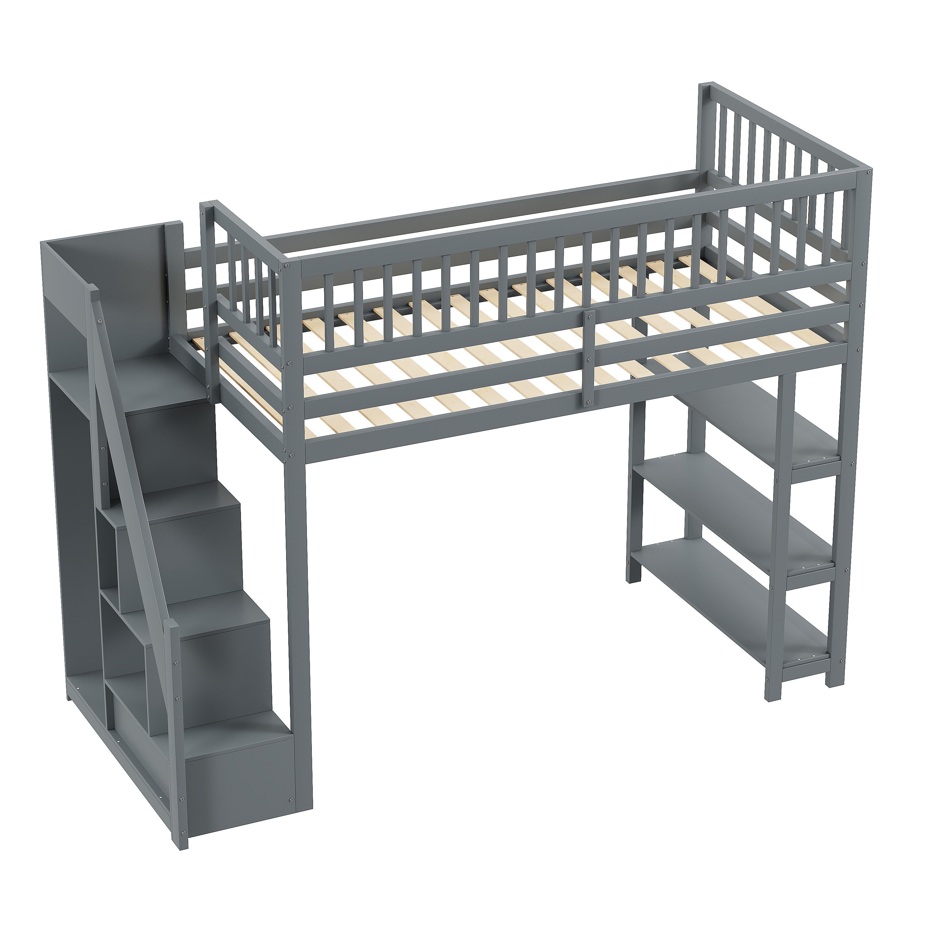 Loft Bed, 90x200 Multifunctional with Wardrobe & Storage, Grey Wooden