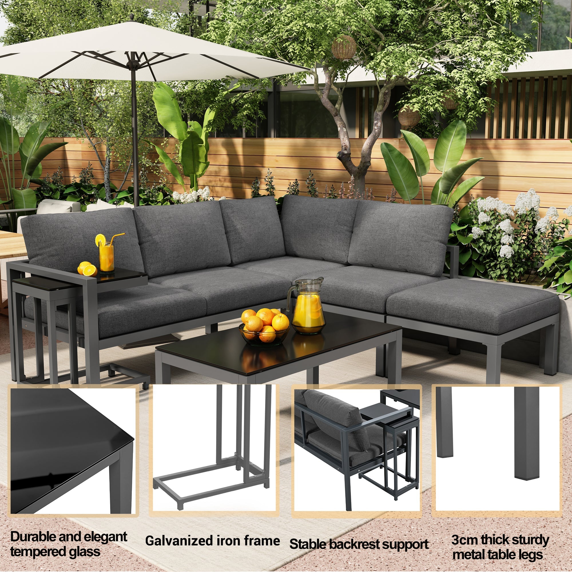 Garden Lounge Set Corner Chairs 4-5 Seater Side & Coffee Table 5-Piece - Grey