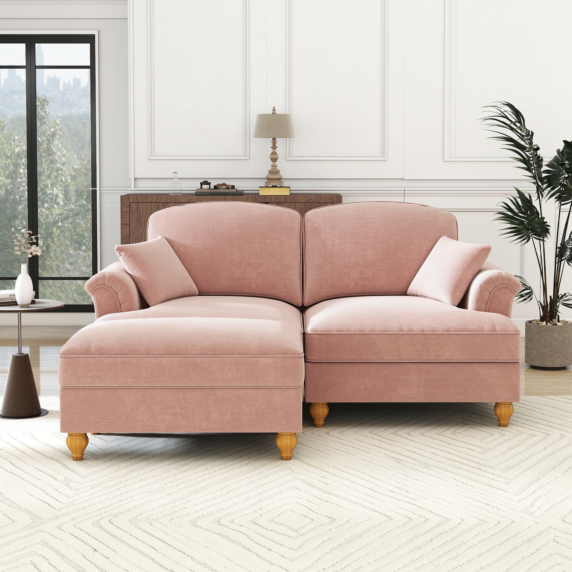 Modular L-Shaped Sofa Mid-Century 2-Seater Movable Ottoman - Pink Chenille